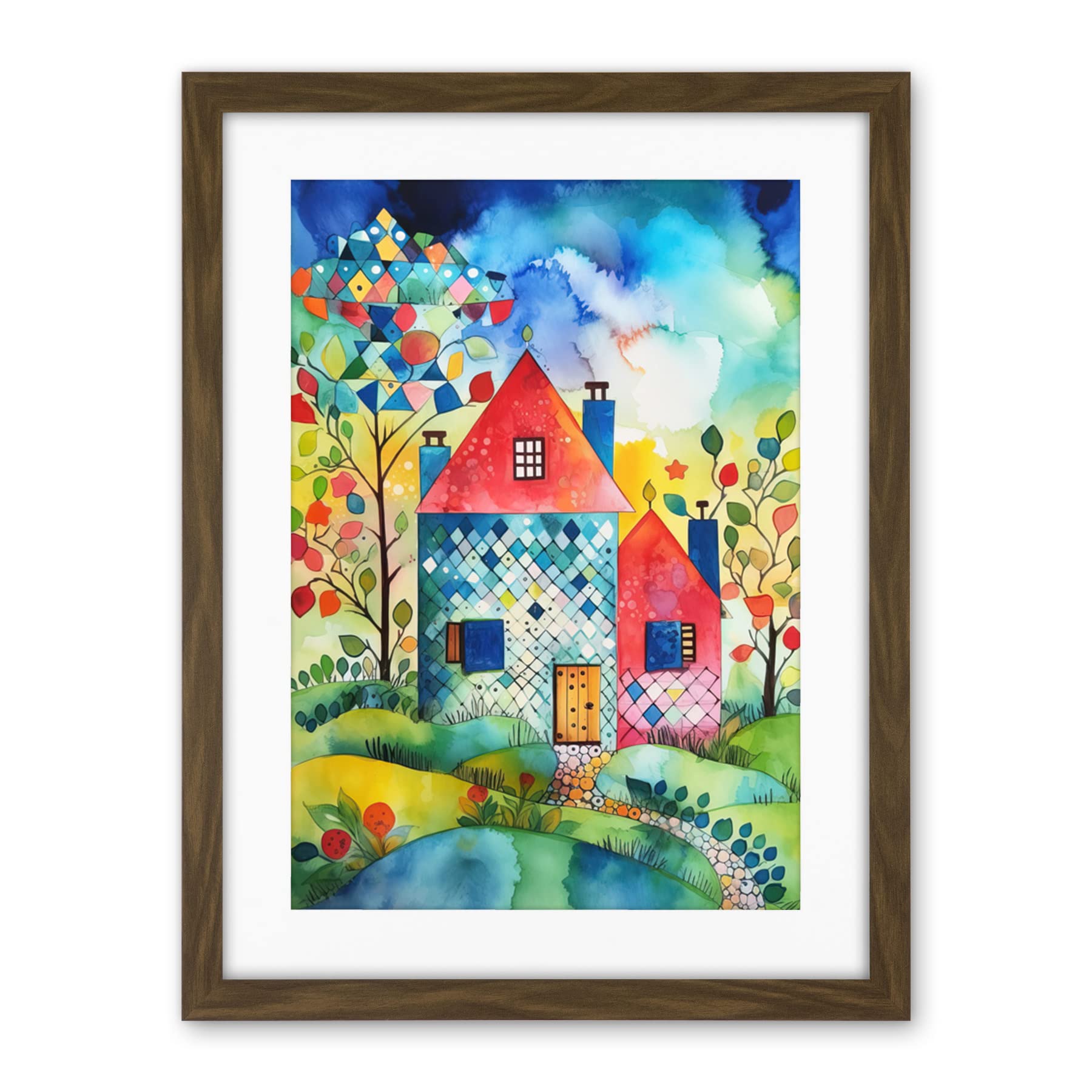 Artery8 Farmhouse In The Flowers Folk Art Artwork Framed Wall Art Print 18X24 Inch