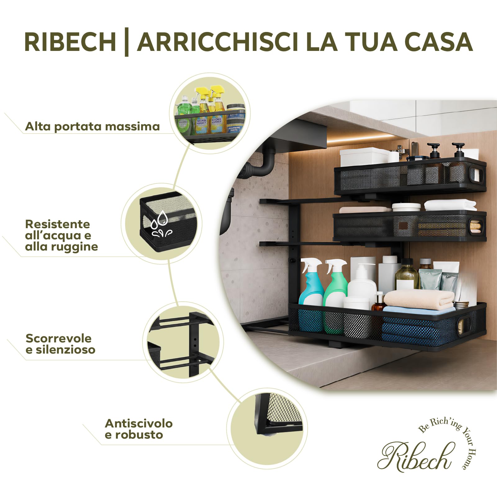Organizzatore Estraibile 3 Livelli, Altezza regolabile, Acciaio Carbonio Cassetti Rete, Scaffale Sottolavello Cucina, Bagno, Dispensa (Antiscivolo)