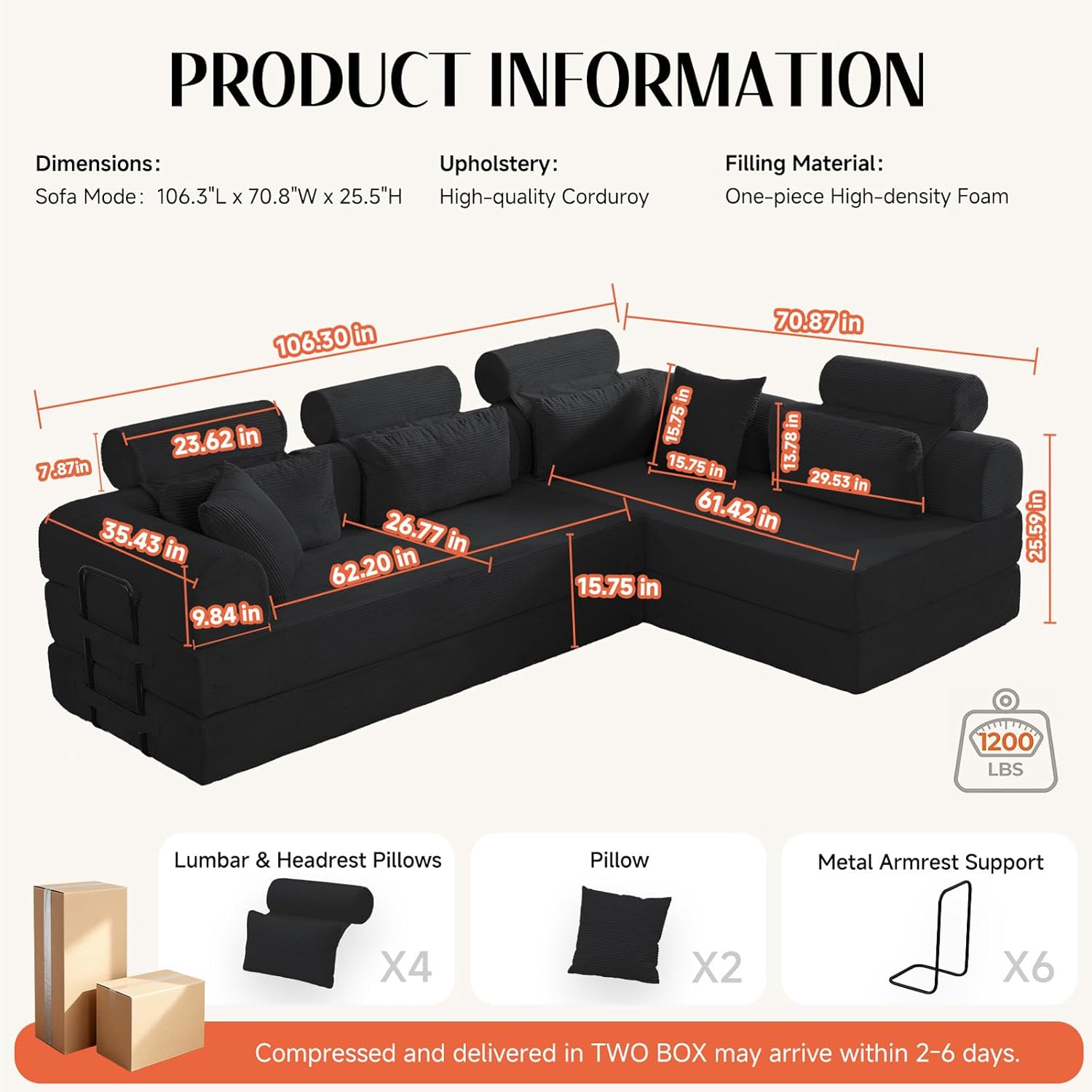106'' L-Shaped Modular Sofa Bed, 5-in-1 Convertible Sectional Couch with Corduroy, Oversized Floor Lounger & Pull-Out Sleeper, Lumbar Support, Living Room/Gaming Room (Black)