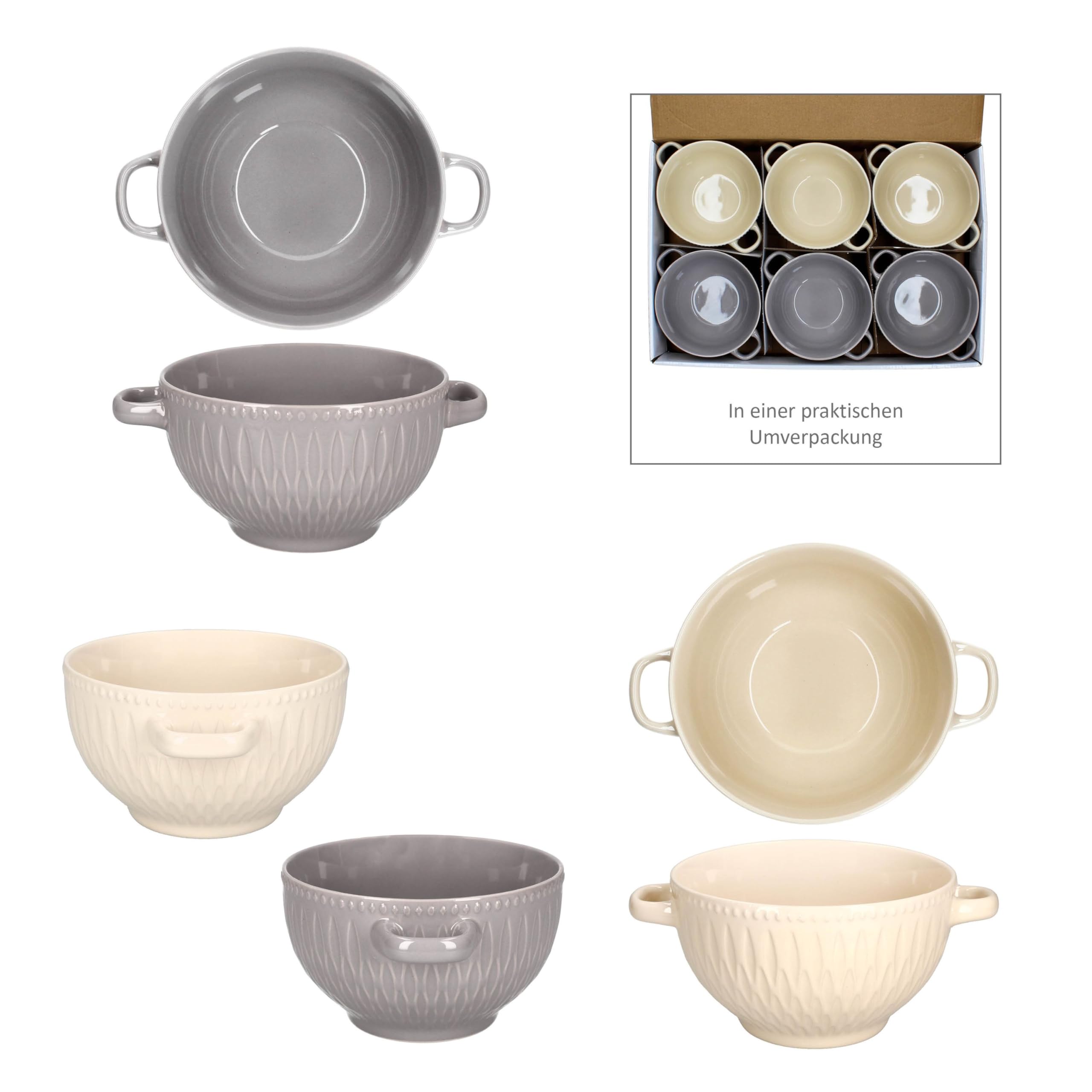 MamboCat Biko 6er Set Suppentassen I 650ml I 6 Personen I Keramiktassen in je 3X Vanille & Grau I Suppentasse mit Henkeln & Reliefdekor für Suppe, Eintopf, Bowl & Ramen