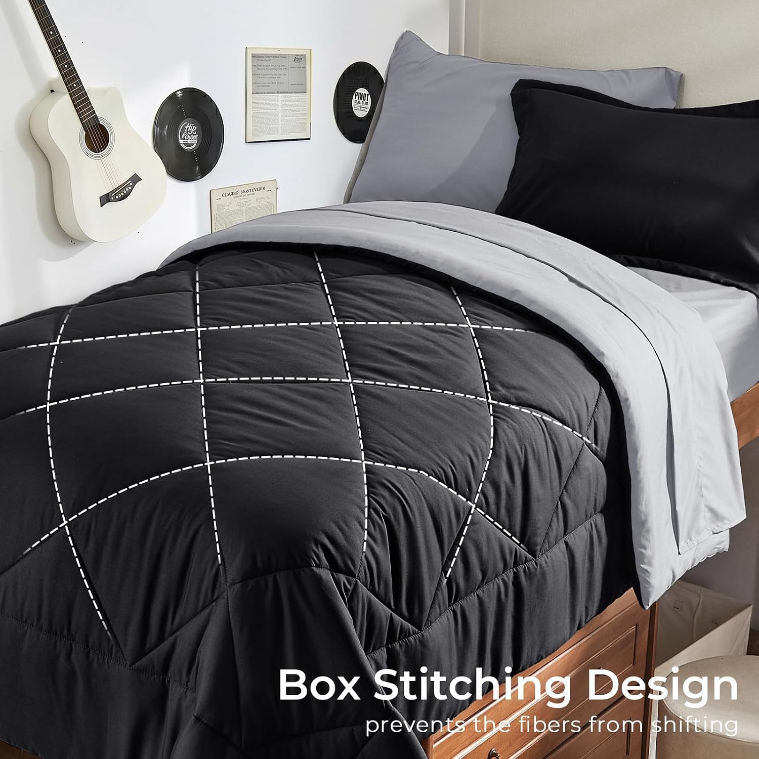 HEVUMYI Twin Comforter Set - 5-Piece All Season Bed in a Bag Twin, Ultra Soft Bedding Set with Comforter, Flat Sheet, Fitted Sheet, Pillowcases, Pillow Shams, Black & Light Grey thumbnail