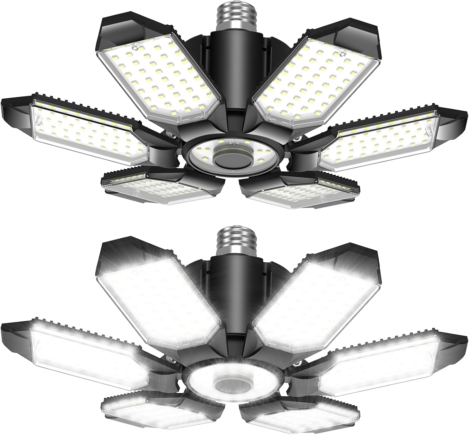 BRAINIAC 150W LED Garage Light Bulb with 6 Adjustable Panels, E26/E27 Screw in Shop Light Ceiling Light for Garage Workshop Barn - 2Pack