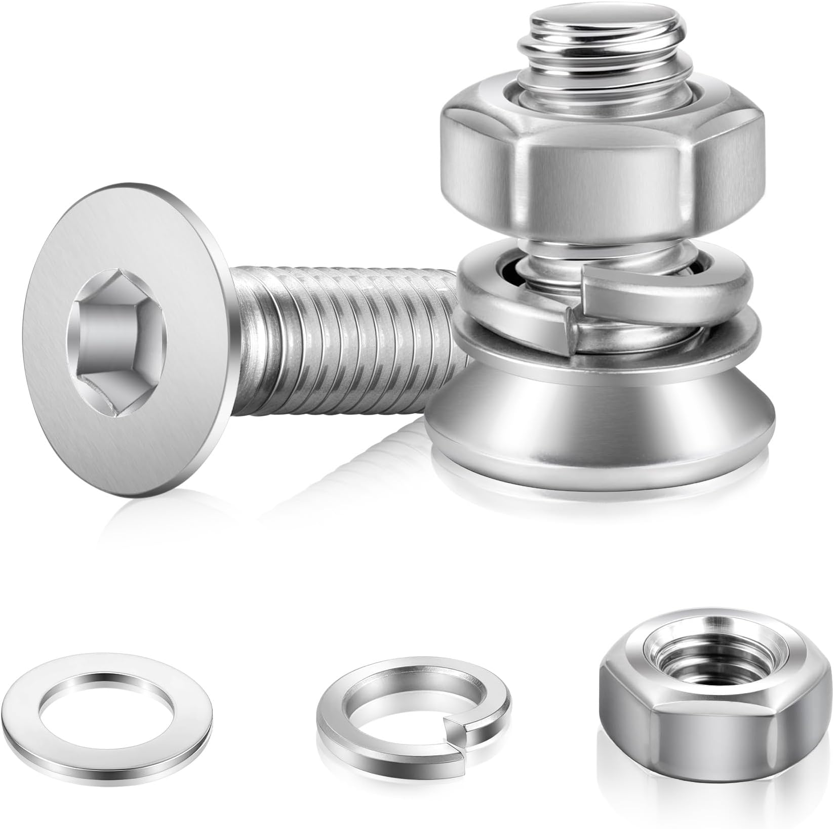 60 Sets Countersunk Nuts and Bolts M3x10 mm Hex Socket Countersunk Screws 304 Stainless Steel Machine Screws with Nuts and Washers Metric Standard Thread for Furniture Assembly