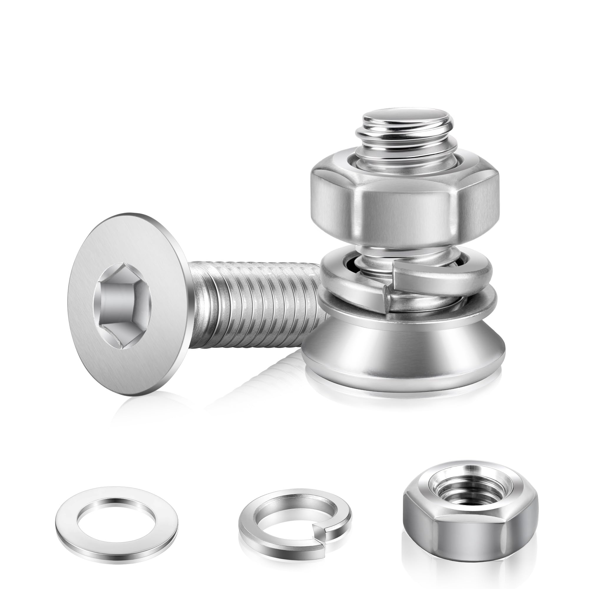NZNSML 70 Sets Countersunk Nuts and Bolts M2x12 mm Hex Socket Countersunk Screws 304 Stainless Steel Machine Screws with Nuts and Washers Metric Standard Thread for Furniture Assembly