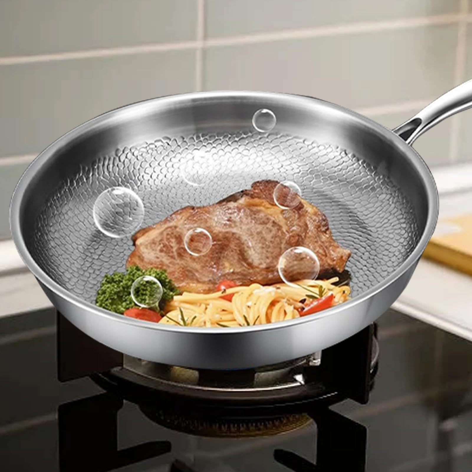 Sartén Titanio Sartén Segura Para Saltear, Sofreír, Cocinar Tortilla, | Antiadherente Con Tapa, Espátula Juegos De Cocina, Utensilios, Sellar, Restaurante
