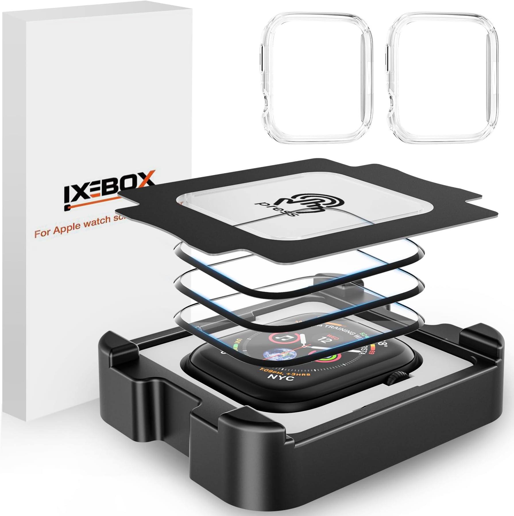 - IXBBOX® 3-Pack Screen Protectors + 2-Pack Cases Compatible with Apple Watch Series 7/8/9 41mm, 3D Curved Full Coverage Tempered Glass, Scratch & Shatter Resistant, Waterproof, Bubble-Free Installation, No Screen Obstruction