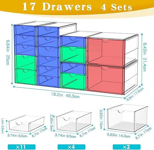 Miniatura 3 de Organizador de maquillaje acrílico con 17 cajones, paquete de 4 organizadores transparentes para mostrador de baño para paletas, cosméticos y