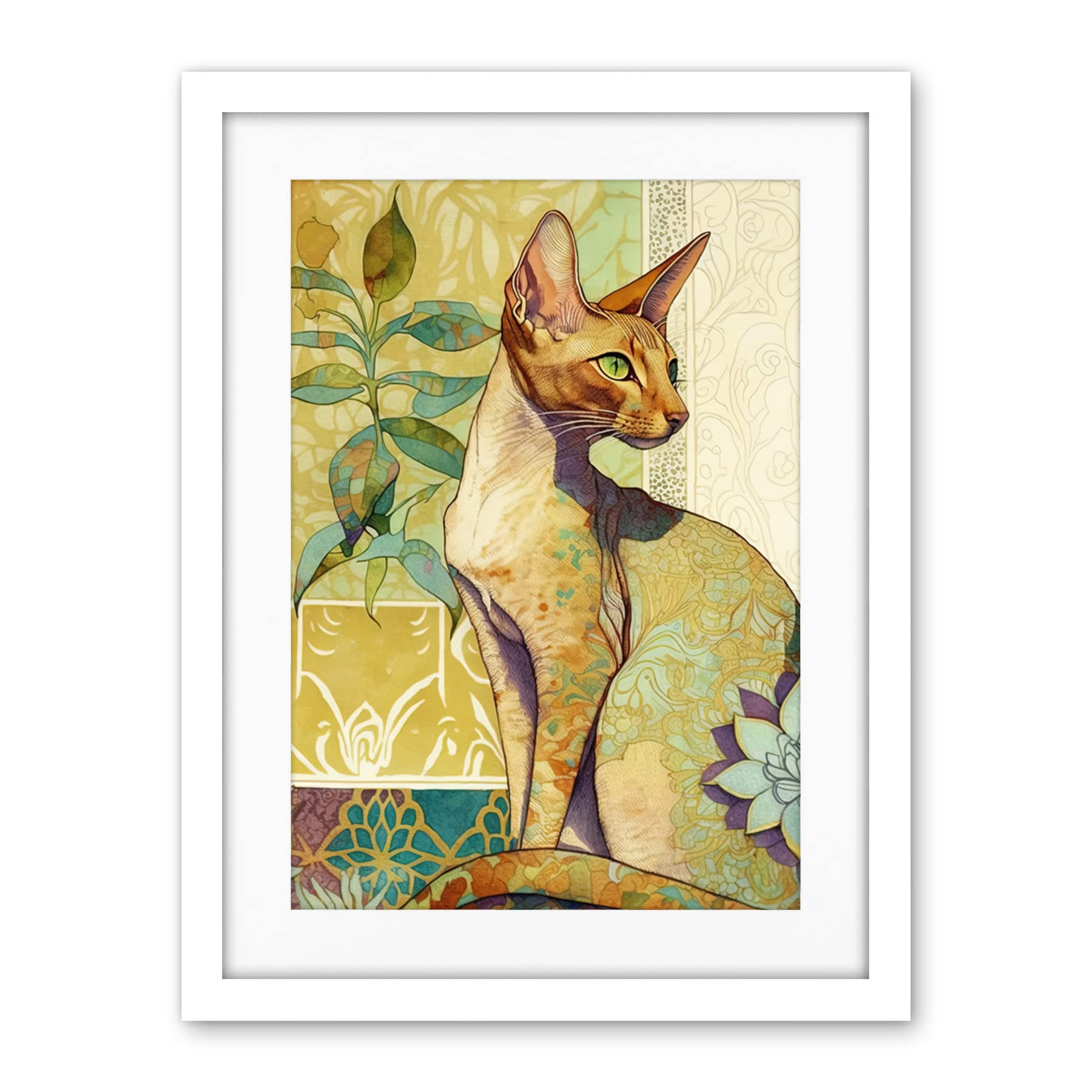 Artery8 Oriental Shorthair Cat with Art Nouveau Botanical Patterns Colourful Watercolour Illustration Artwork Framed Wall Art Print 18X24 Inch