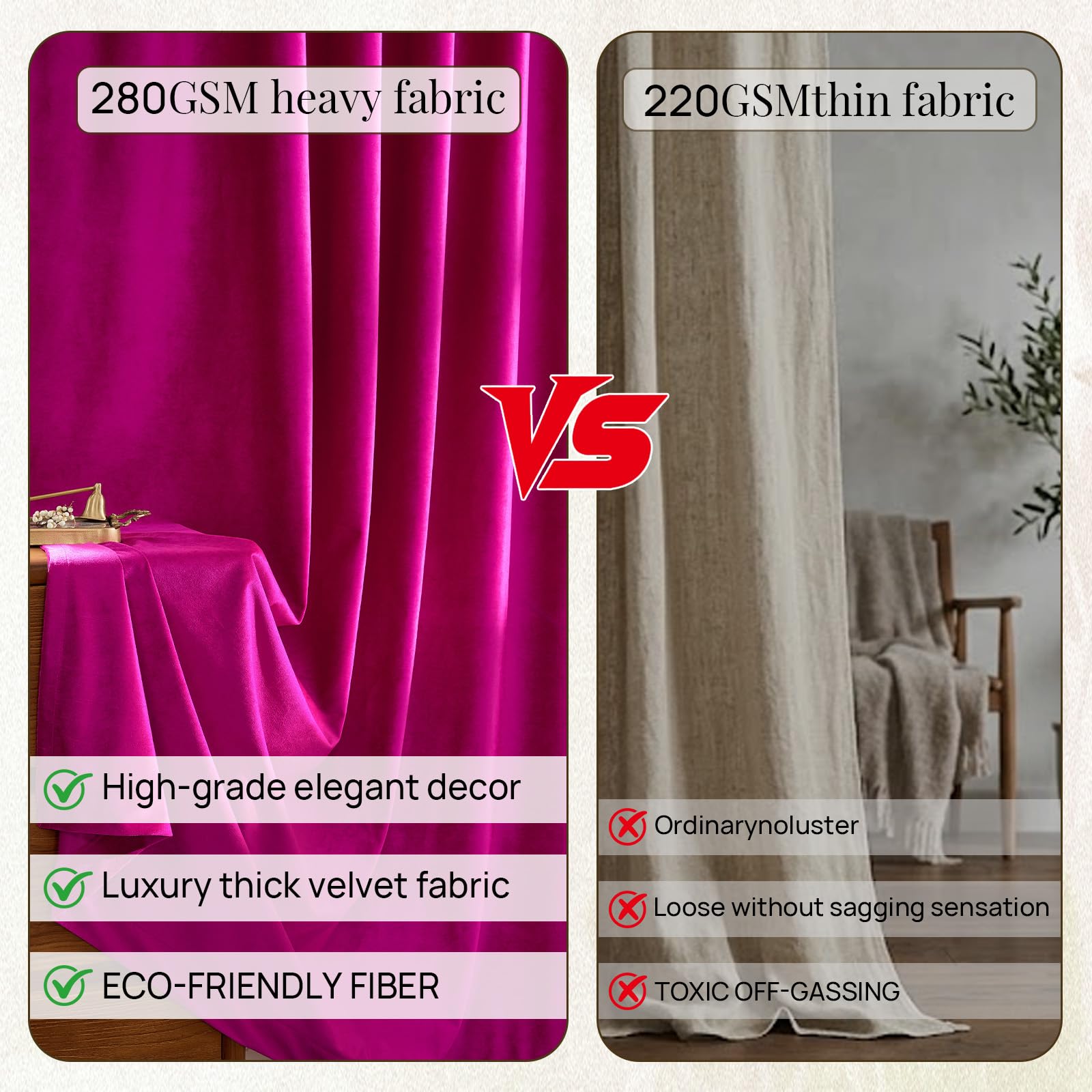 Samtvorhänge, 213,4 cm, für Wohnzimmer, luxuriös, verdunkelnder Vorhang, Fuchsia, elegant, Schlafzimmer, wärmeisoliert, modern, schwer, dick, weich, schalldicht, mit Stangentaschen, Fenstervorhänge