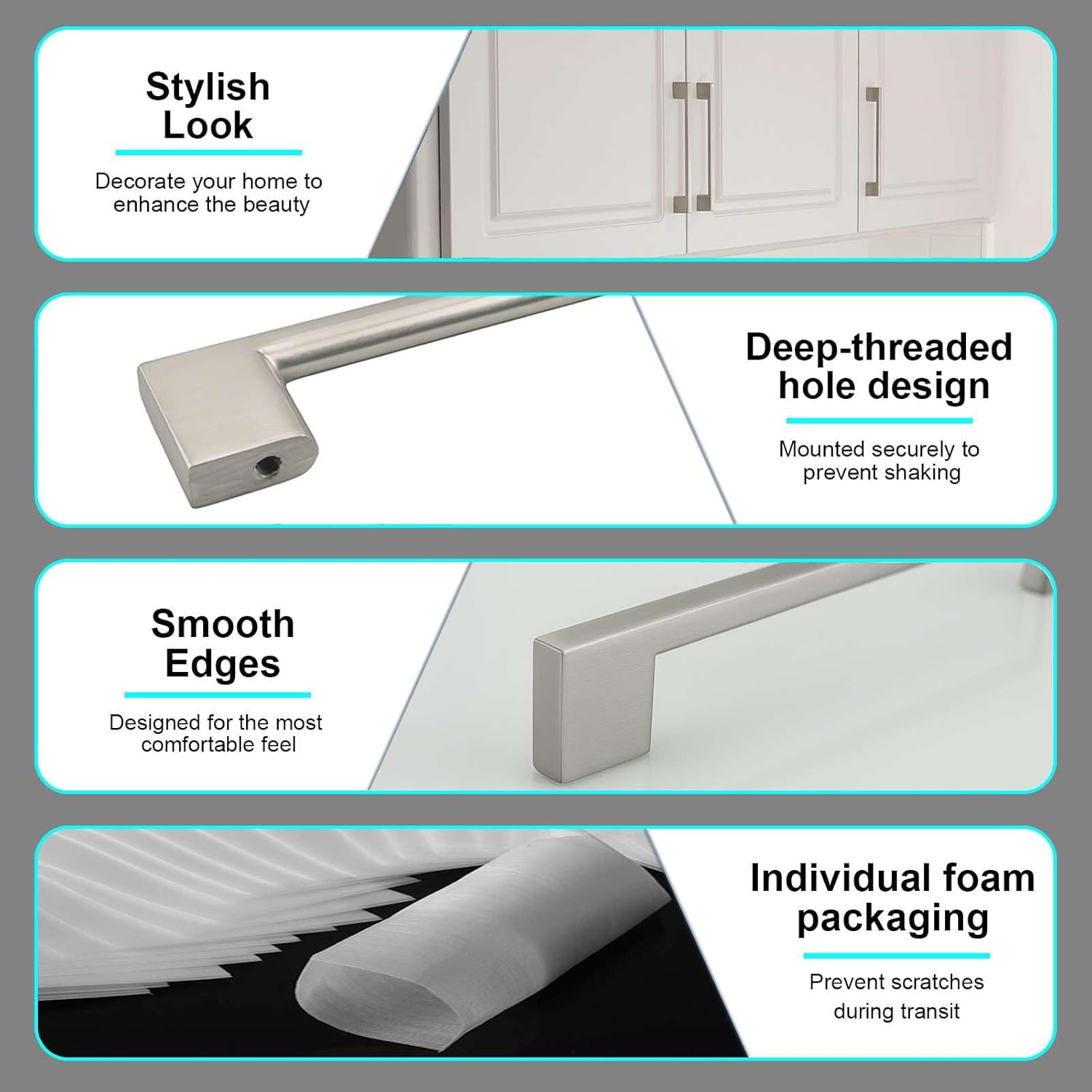 Modket 10 Pack Euro Slim Cabinet Handle Pull Solid Aluminum — 4-3/4" Overall Length, 3-3/4" (96mm) Hole Center, Brushed Nickel