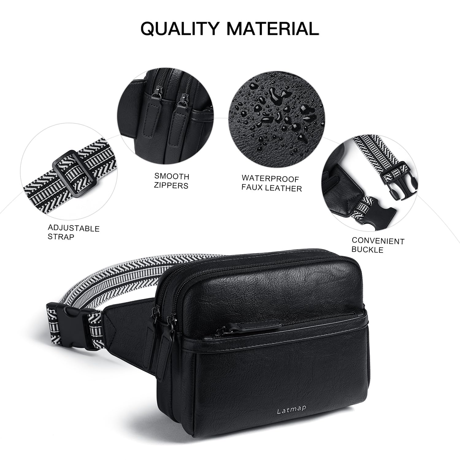 LATMAP 3L Fanny Pack Bumbags for Women Men 4-Zipper Pockets Belt Bag Sling Waist Pack Faux Leather Chest Bag Black - Image 4