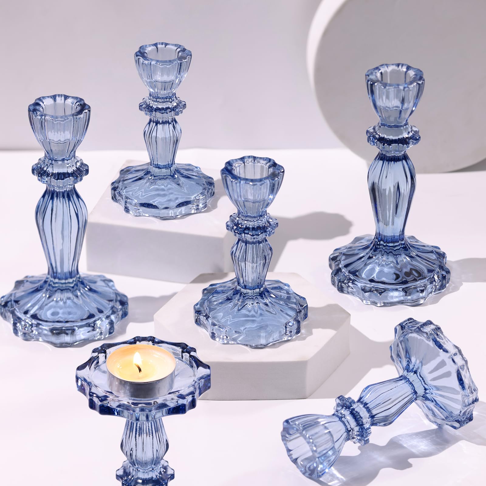 Photo 1 of Simeitol Blue Candlestick Holders Set of 6, Taper Candle Holders, 4.3" H & 6.3" H Glass Candle Holder for Candlesticks & Pillar Candles, Candle Holder for Table Centerpieces and Wedding Decor