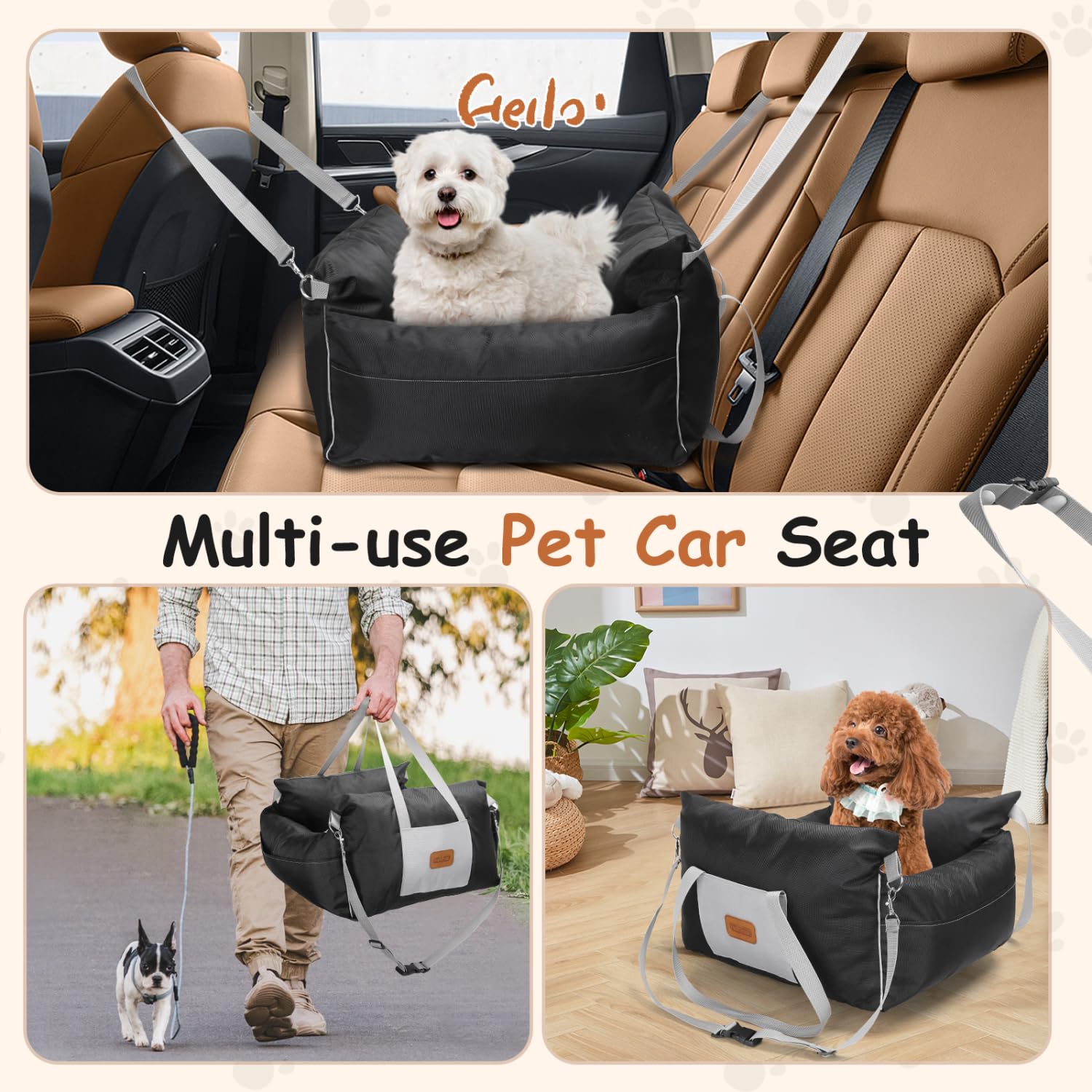 Nobleza Asiento de Coche para Perros Pequeños, Asiento Elevador para Perros con Bolsillos de Almacenamiento y Cojín Reversible, Cama de Viaje para Mascotas de hasta 11 kg, Negro, L58×W56×H33cm