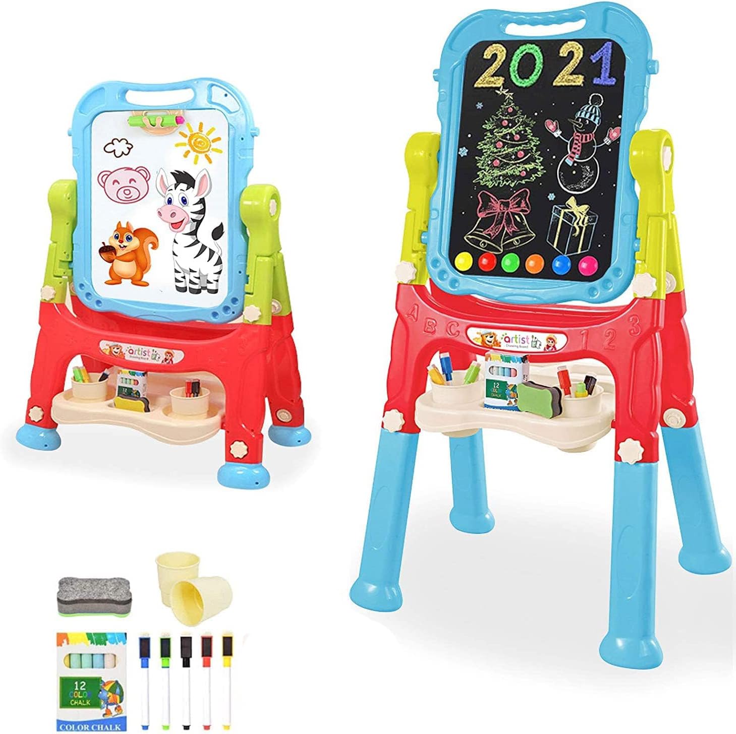 YUMA Double-Sided Magnetic Dry Erase Drawing Chalk Board, Adjustable Standing Kids Easel for Toddlers (BLUE)