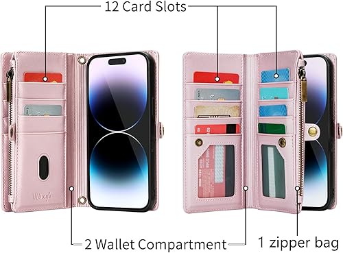 Miniatura 3 de MInCYB Funda tipo cartera para iPhone 15 Pro Max con tarjetero (12 ranuras para tarjetas), funda de piel sintética para mujeres y hombres, carga