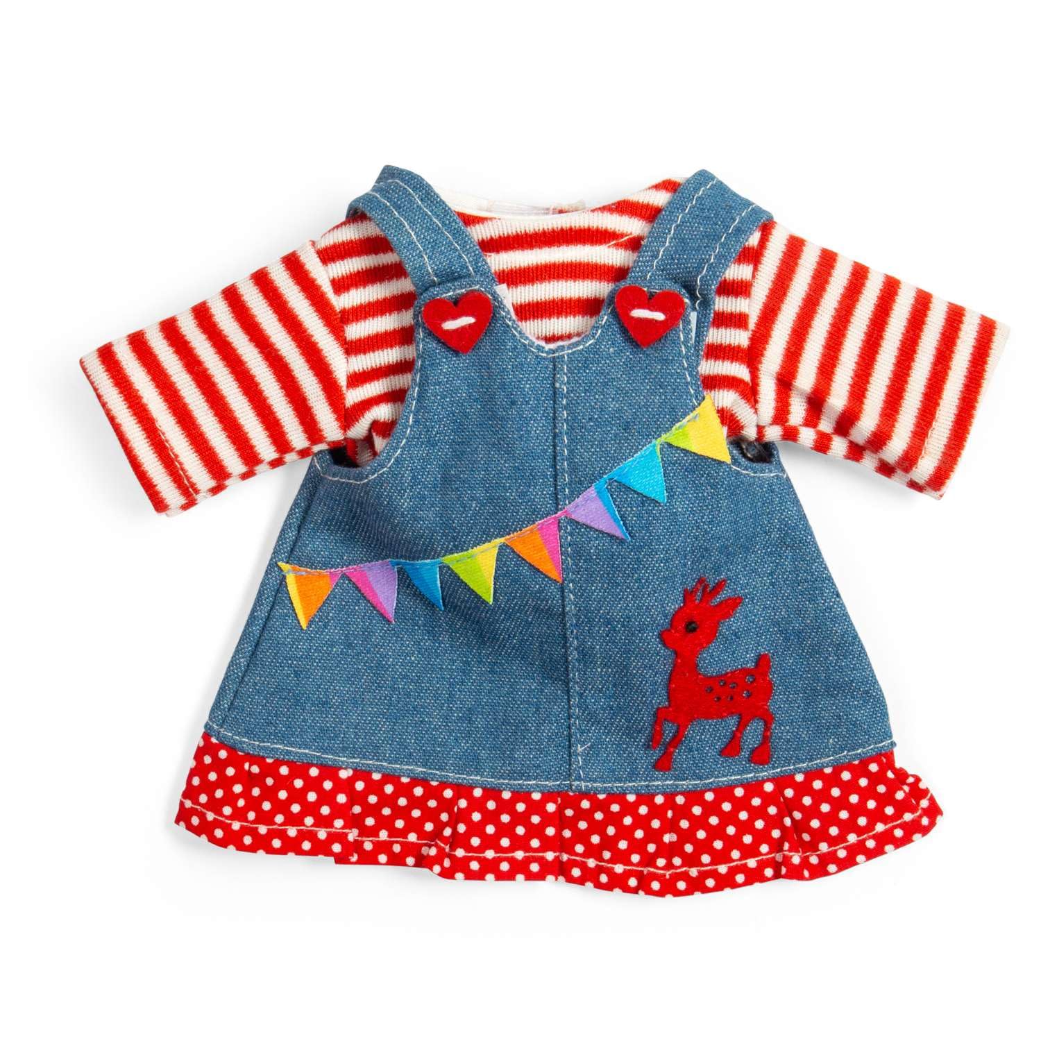 Bigjigs Toys Denim Pinafore Dress -Small | Dolls Clothes for a Soft Toy | Blue Dresses for a Kids' Doll | Overalls & Red Striped Shirt for Ragdolls | Ragdoll Clothing Set | Fashion Gifts for a Toddler