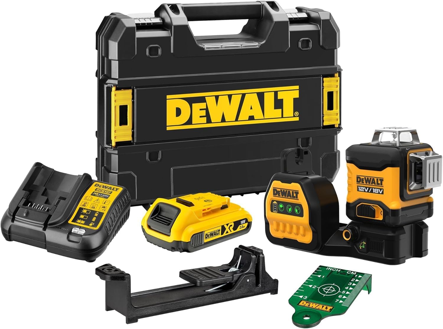 Dewalt Linienlaser (selbstnivellierender 3x360°,10,8V, 2Ah, manueller Modus ab 4° (Blinkmodus) & Aluminium-Stativ/Kurbelstativ