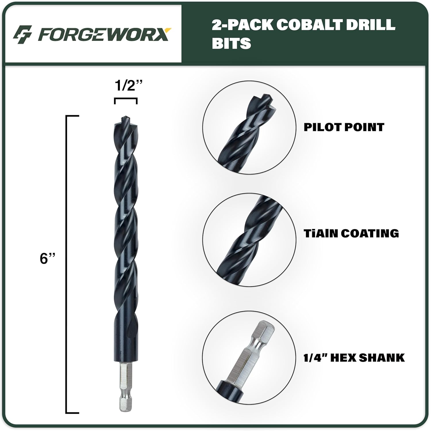1/2 Inch Cobalt Drill Bits 2pcs Heavy-Duty Metal Drill Bit Set for Steel, Cast Iron, TiAlN Coating, 1/4" Hex Shank (1/2" x 4")