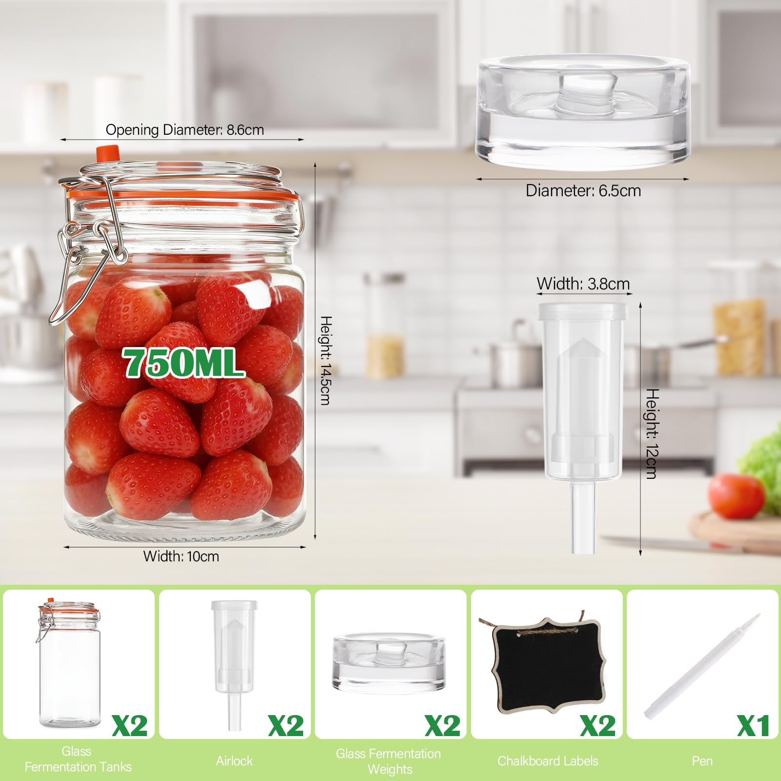 Rlssaki 2 Piezas Tarros de Fermentación con Cierre de Aire,750ml Fermentadora con Pesos, Tarros de Cristal con Tapa Hermética, Vasos de Cristal Transparente, para Kimchi, Kombucha y Encurtidos — view 2
