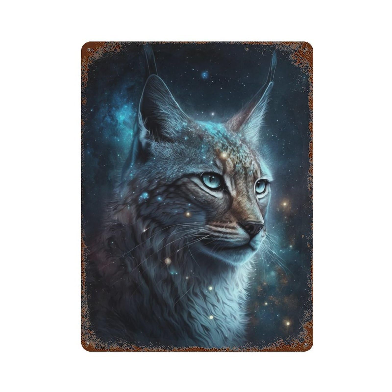Garage Style Galactic Lynx Portrait Aged Metal Wall Plaque 15.7"x11.8", Novelty Wall Decor for Bar And Workshop