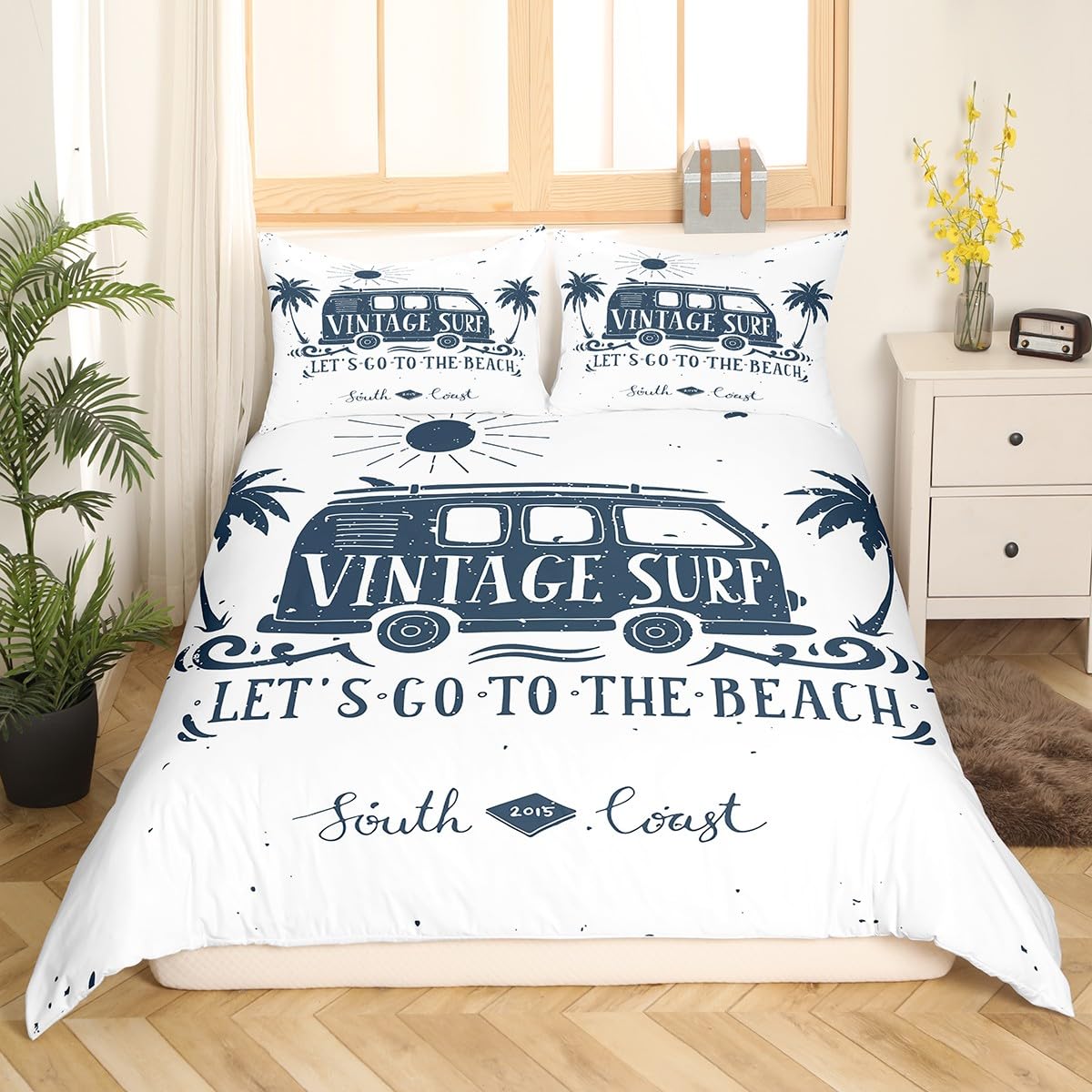 Manfei Summer Surf Duvet Cover Set Single Size, Tropical Palm Trees Bedding Set 2pcs for Kids Boys Girls Room Decor, Surfing Trailer Truck Comforter Cover Soft Polyester Quilt Cover with 1 Pillowcase - Image 3