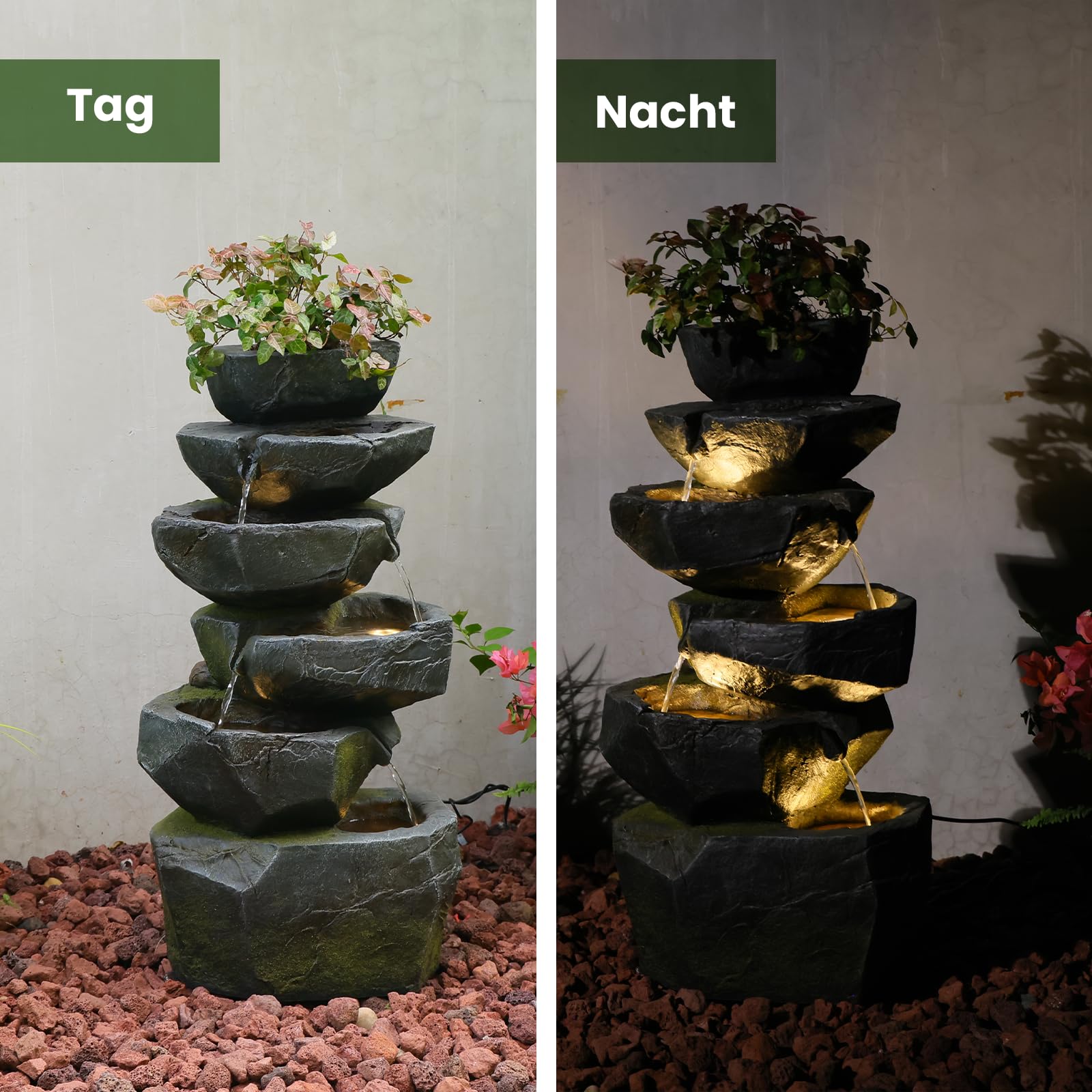 Sunlinua Gartenbrunnen aus Kunstharz in Steinoptik mit LED-Wasserfall-Design, geeignet für Terrasse, Balkon, Garten und Eingangsbereich, 34L × 22B × 70H cm | Grau