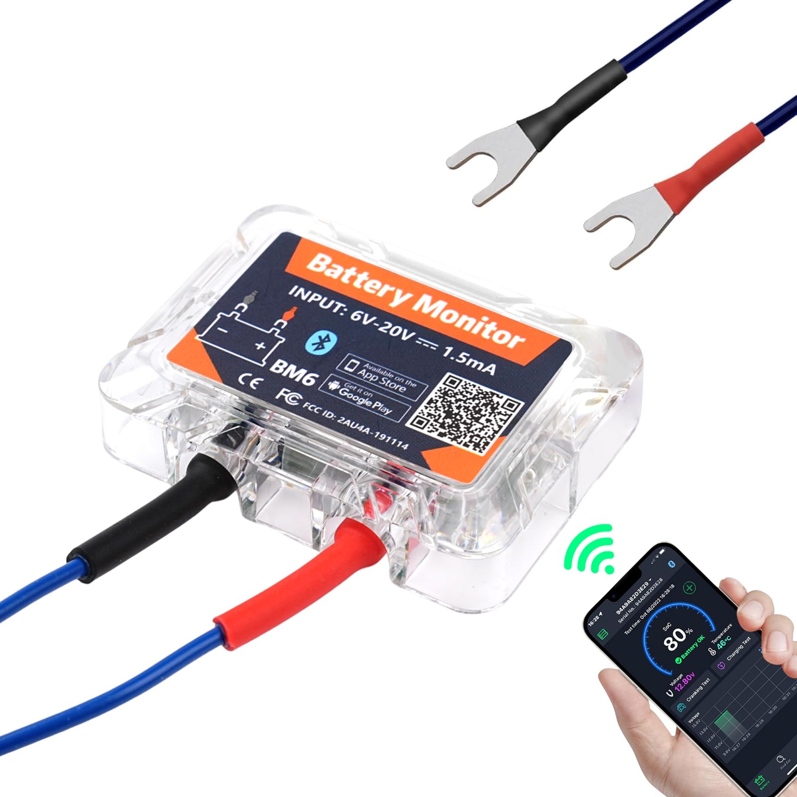 Battery monitor 12V Bluetooth 4.2 Tester batteria auto DC 6V-20V Monitoraggio dello stato della batteria in tempo reale con protezione da cortocircuito e inversione di polarità Avviso anomalo.