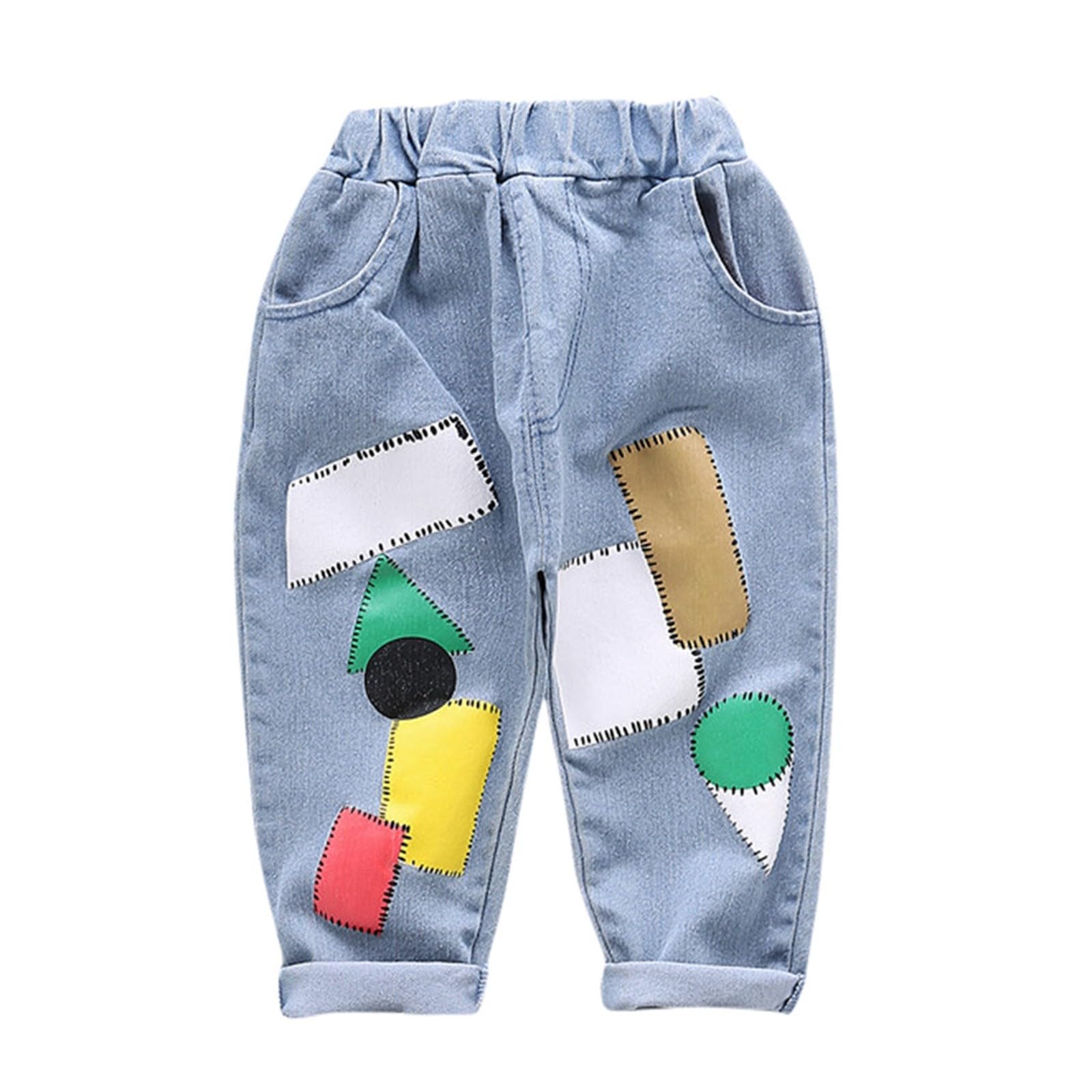 Girls Jeans Cute Printed Elastic Waist Denim Pants Children Vintage Stretch Jogger Pants with (Light Blue, 4-5 Years)