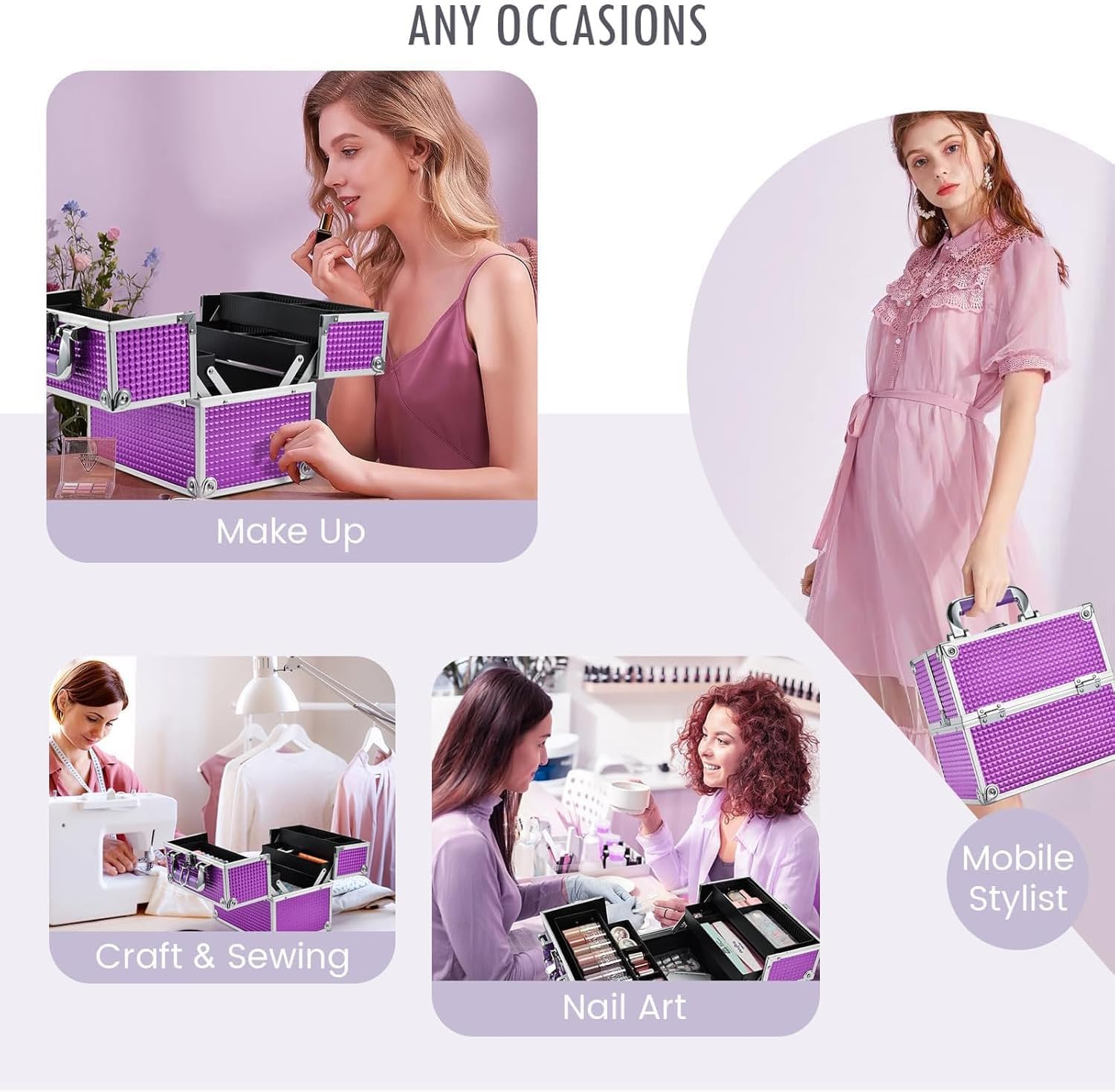 Frenessa Make-up-Box, Kosmetikkoffer, Schmuck-Organizer, Schmink-Aufbewahrungsbox, Schönheits-Zugkoffer, abschließbar, mit Schlüsseln, violett