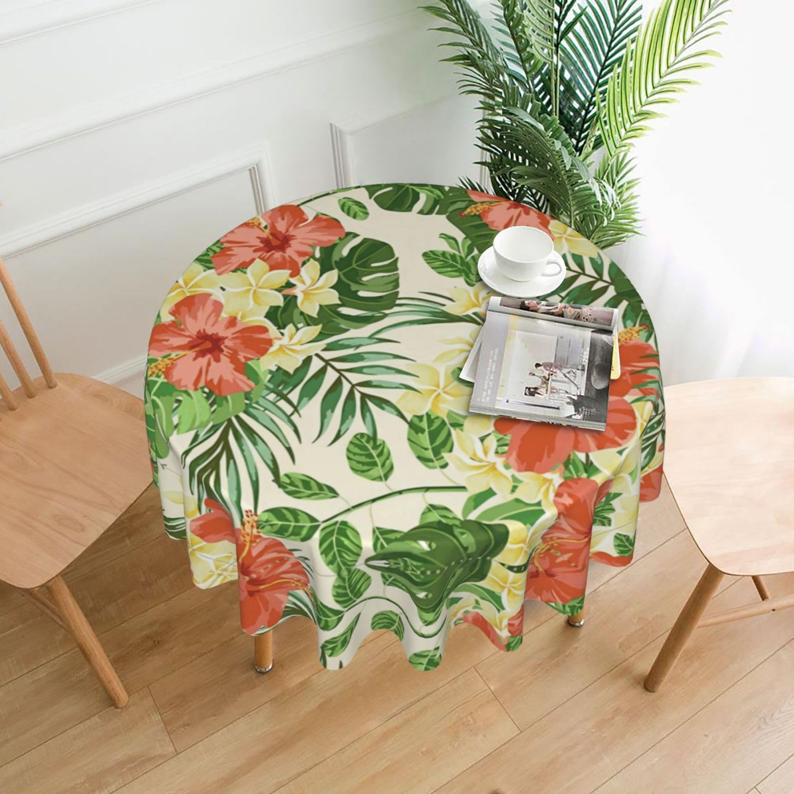 YYHHAOFA hojas tropicales y flores Prints 60in Round Decorative Tablecloth – High-Grade Polyester Throw Cover for Dining, Parties, and Outdoor Events