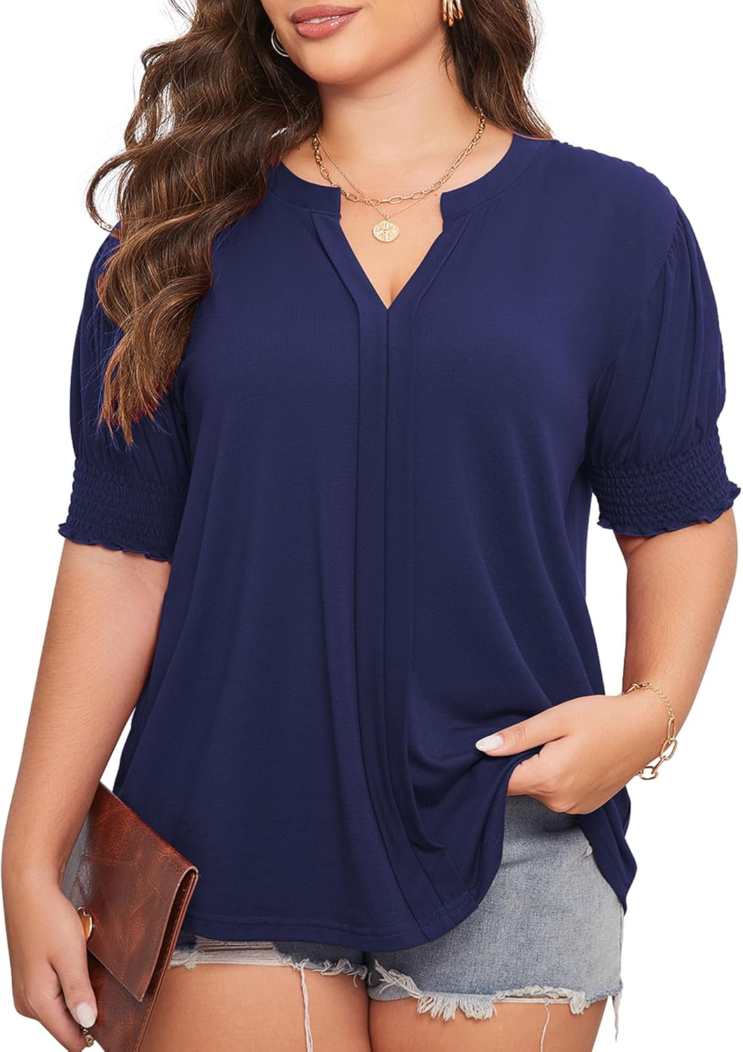 Womens Plus Size Tops Summer Tunic Short Sleeve V Neck Shirts Casual Soft Blouse 1XL-4XL