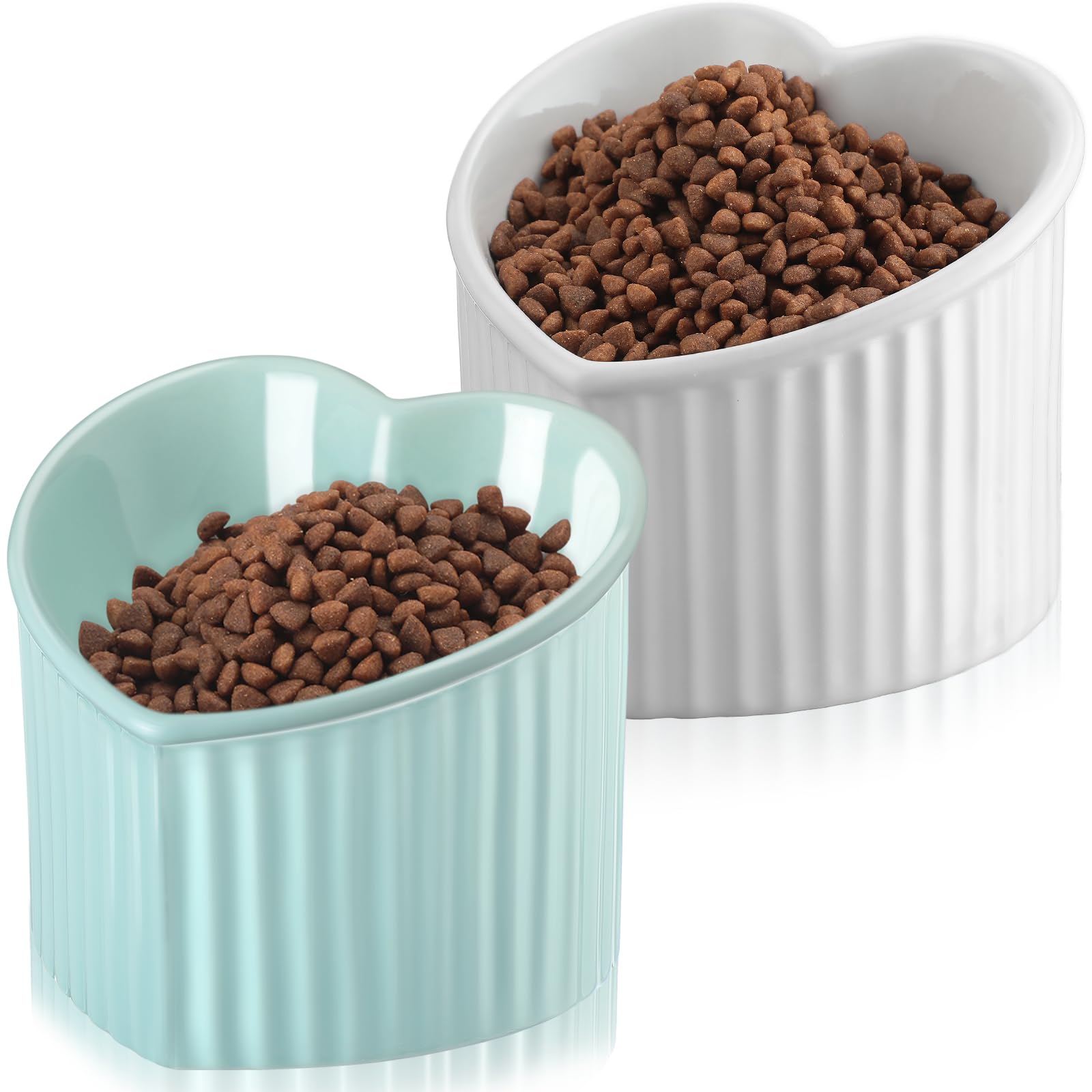 Mumufy 2 Pcs Ceramic Elevated Cat Bowls Tilted Elevated Raised Pet Bowls Anti Vomit Cat Dish for Indoor Stress Free Water Dish Feeder for Puppies, Heart Shaped(Macaron Blue, Pearly White) โ image 1
