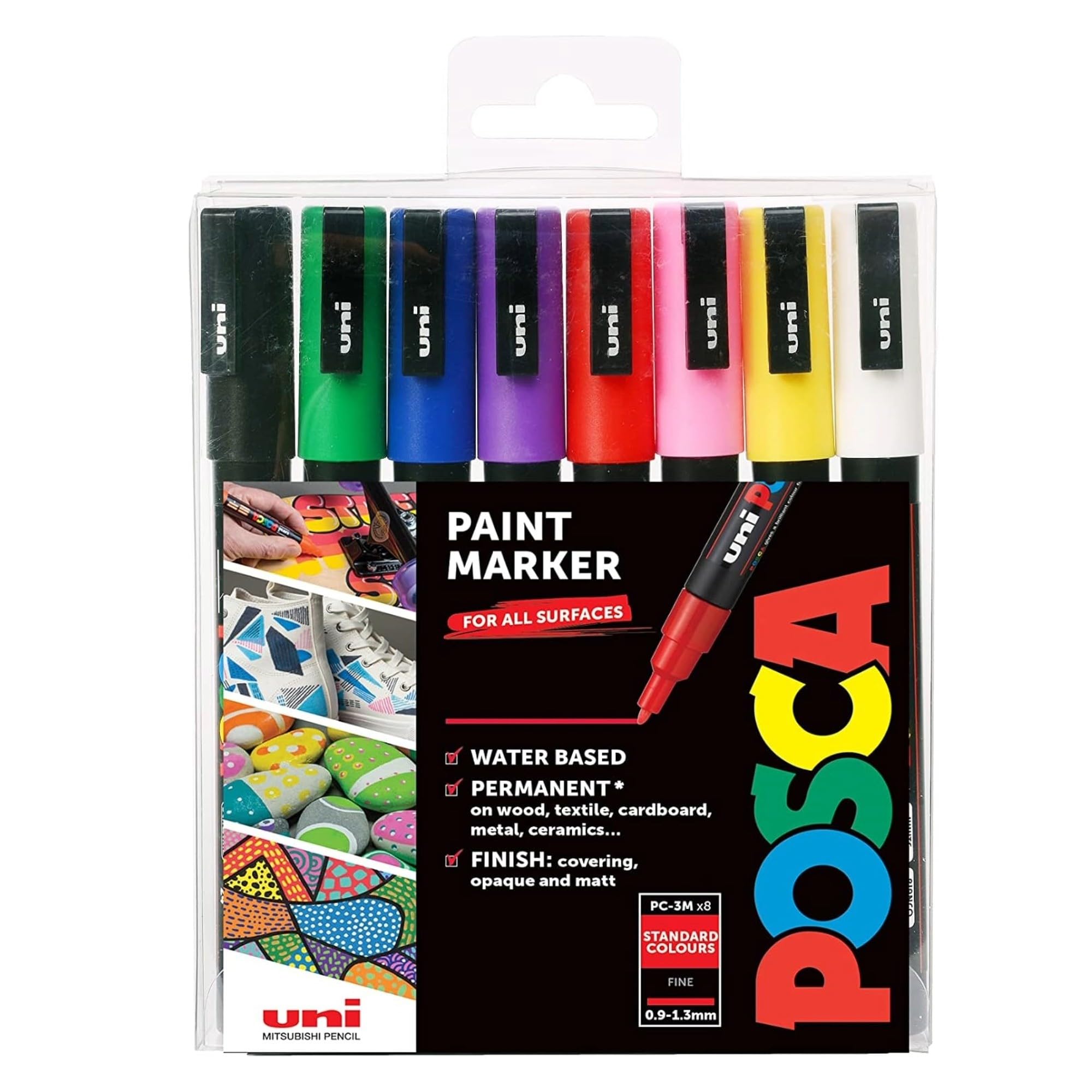 Set of 8 Paint Markers Standard Colours POSCA PC-3M All Surfaces Matt 0.9-1.3mm