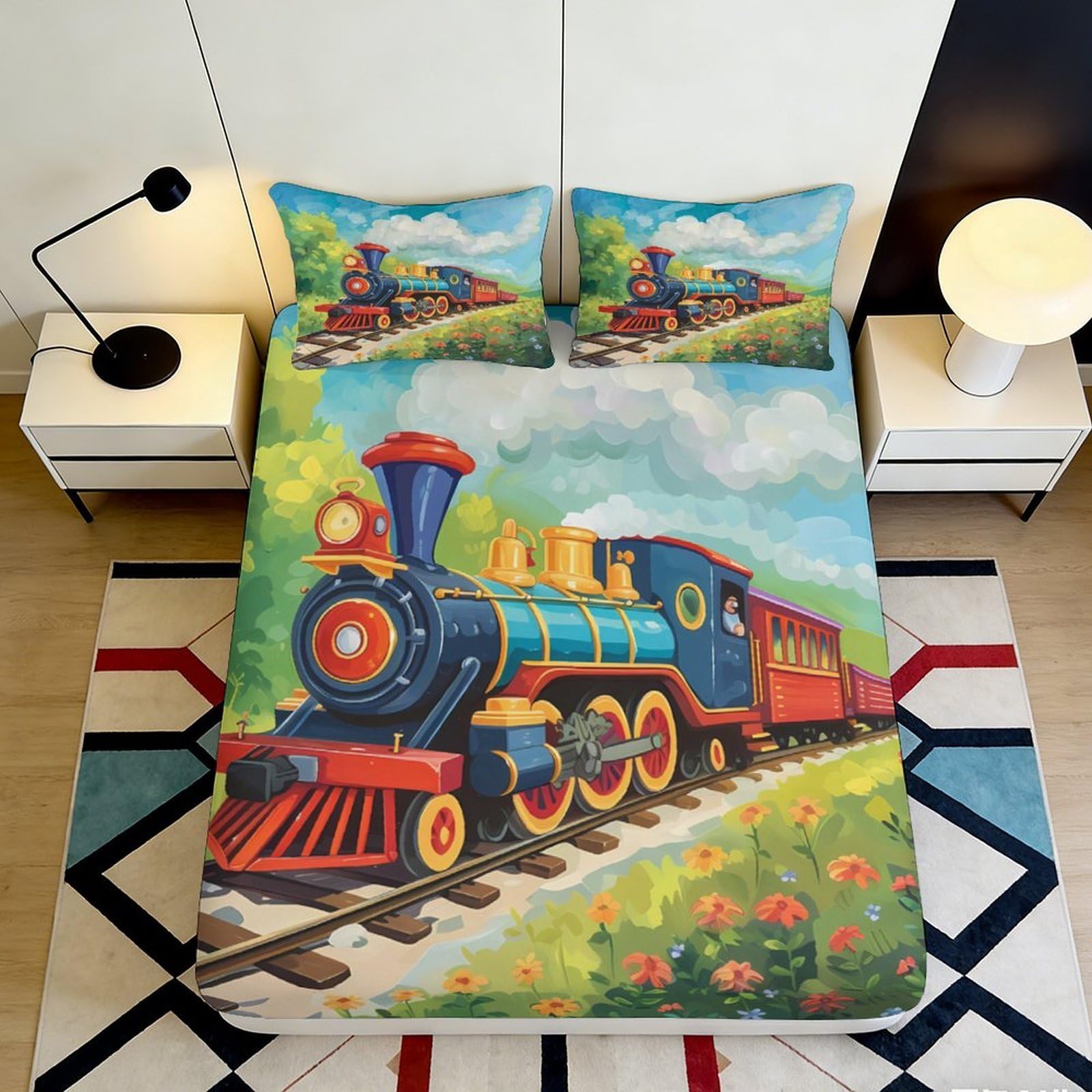 3D Printed Vintage Train Fitted Sheet Microfiber Soft Durable Colorful Locomotive Bed Cover for Bedroom Dormitory Guest Room Mattress Protection 90x200x25cm
