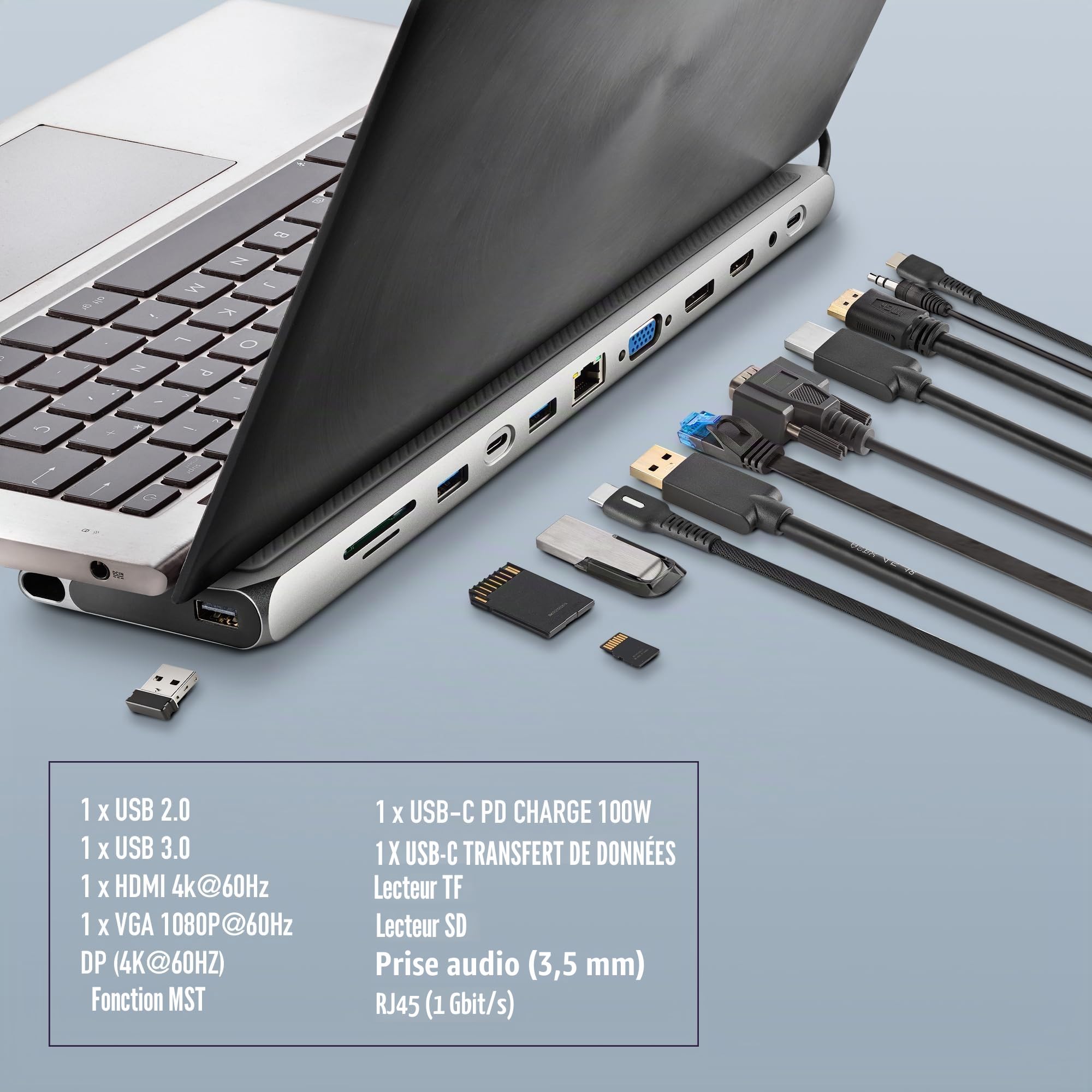 NGS Wonder Dock 12 Pro - Adaptateur multiport 12-en-1 Compatible avec MacBook Pro, MacBook Air, iPad Pro XPS Chromebook périphériques USB-C (USB 2.0, USB 3.0, HDMI, DP, VGA, Audio RJ45 USB-C, SD/TF)