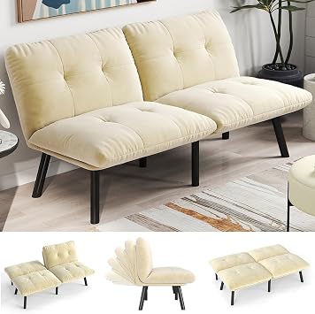 Convertible Futon Sofa Bed, Folding Sleeper Sofa Bed with Adjustable Backrest, Modern Velvet Loveseat Sleeper, Small Couch for Living Room/Office/Apartment/Small Space Cream