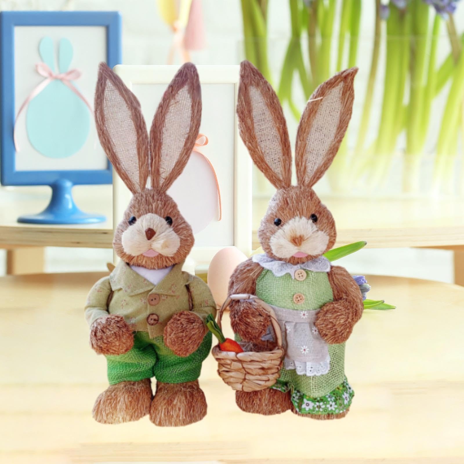 2 Stück Osterhasenfigur Stroh Hase Deko Osterhase Realistische Gras Kaninchen Geflochtenes Material für Gartenparty Kinderzimmer Wohndekoration, Style I