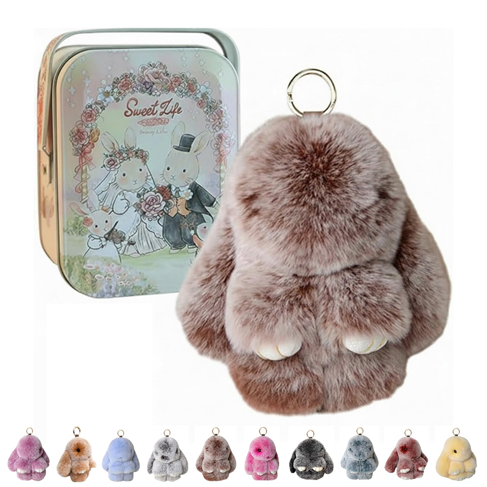 ByteCraft Bunnylulu Keychain With Tin Box, Soft Plush Bunny Keychain, Fluffy Rabbit Key Ring Charm for Easter, Handmade Cute Ornament for Handbag & Backpack