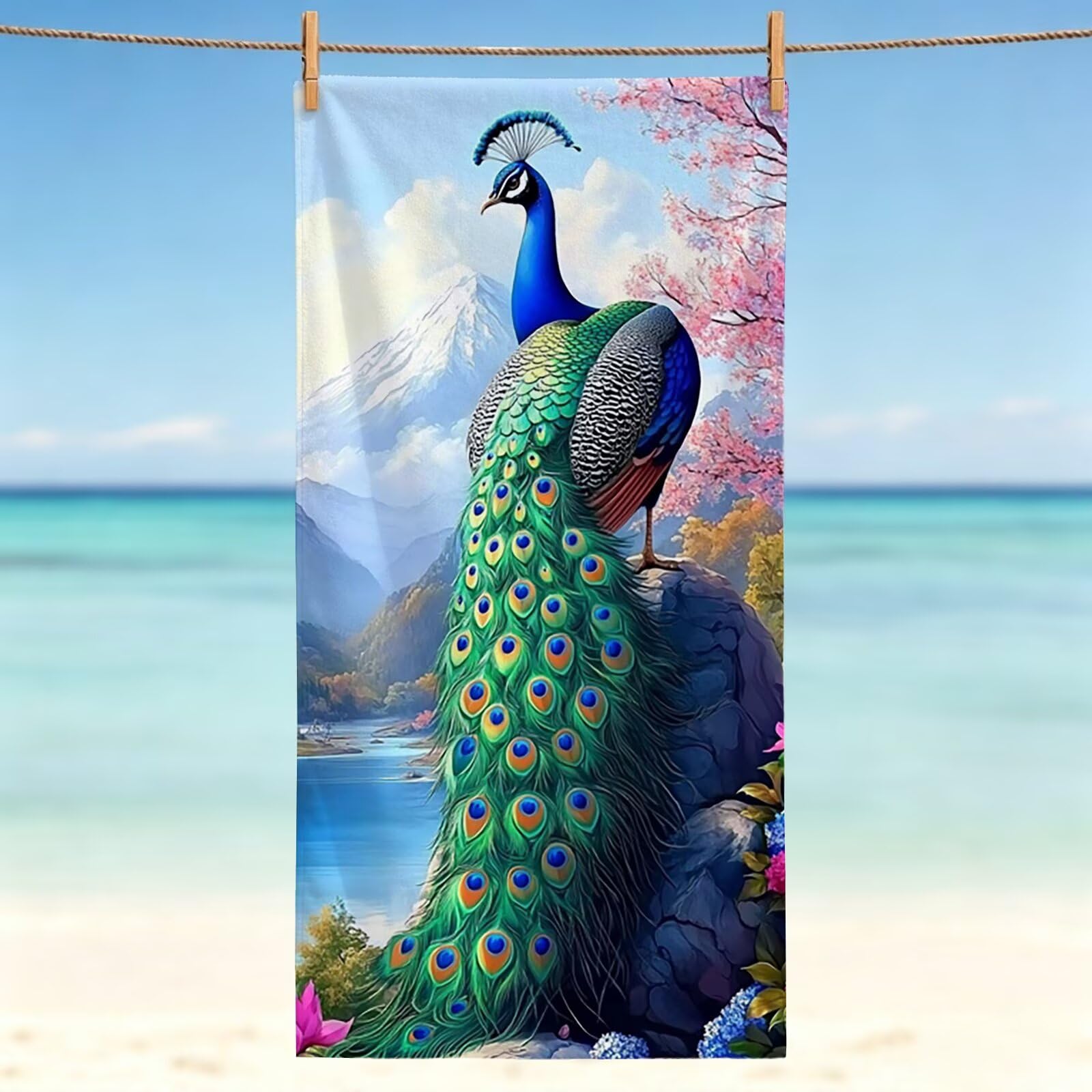 Drap de plage XXL anti-sable en microfibre serviette de piscine légère imprimé paon
