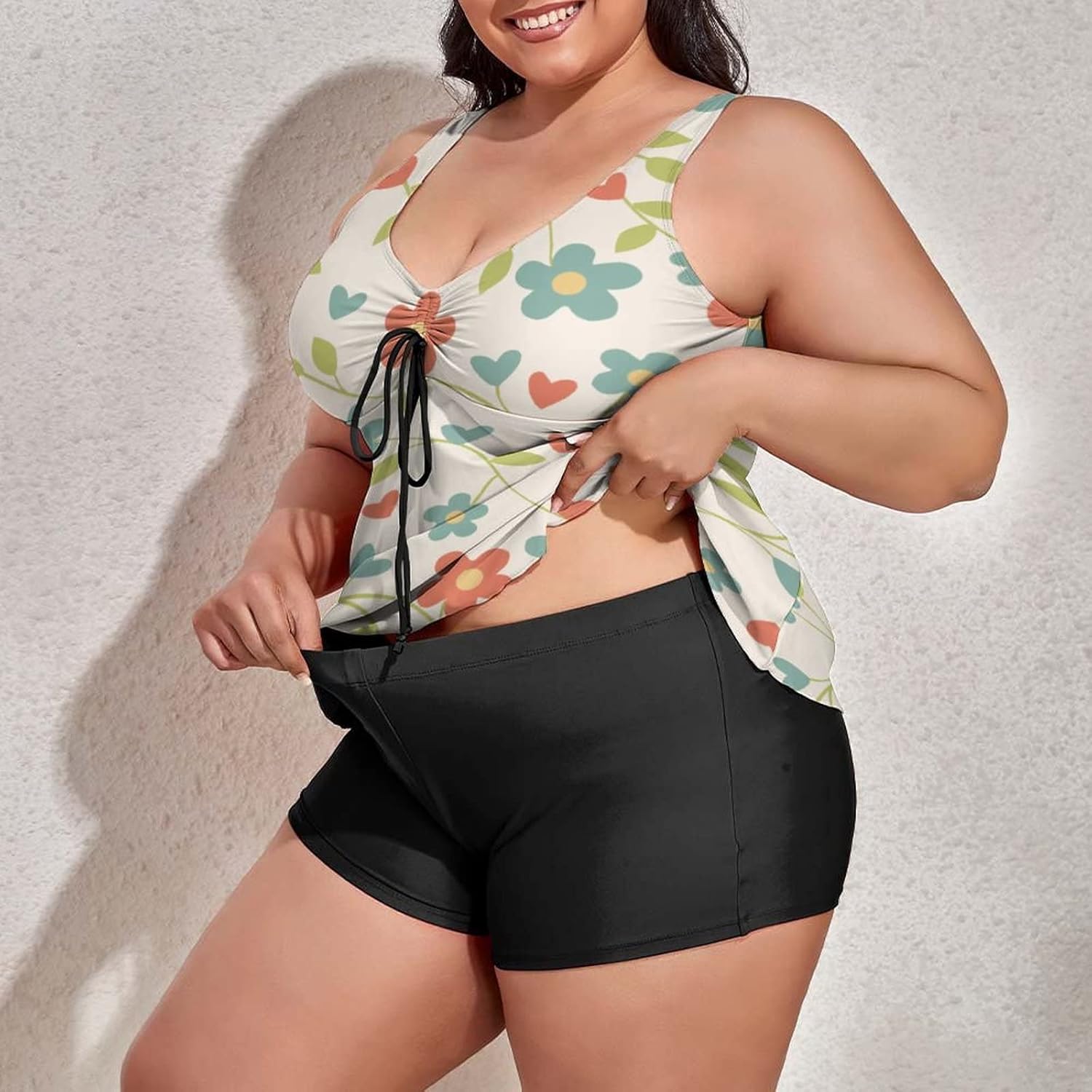Women Plus Size Tankini Swimsuit with Boyshort Floral Flower Seamless Pattern Two Piece Bathing Suit Garden Wildflowers Swimwear Tummy Control