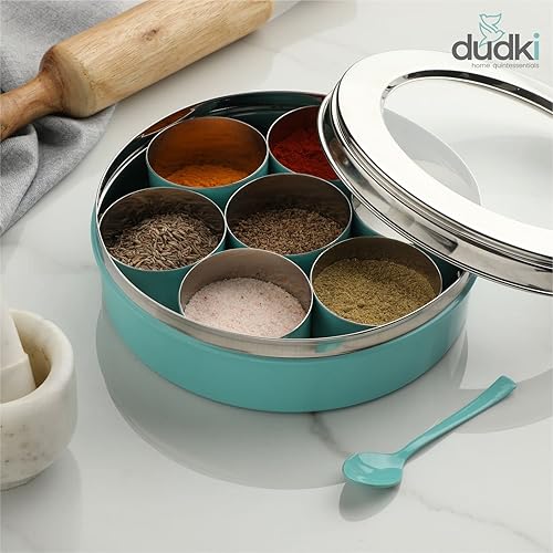 Miniatura 9 de DUDKI Homes - Caja de masala de acero inoxidable, caja de especias, Masala Dabba con organizador de cocina con tapa transparente con 7 recipientes y