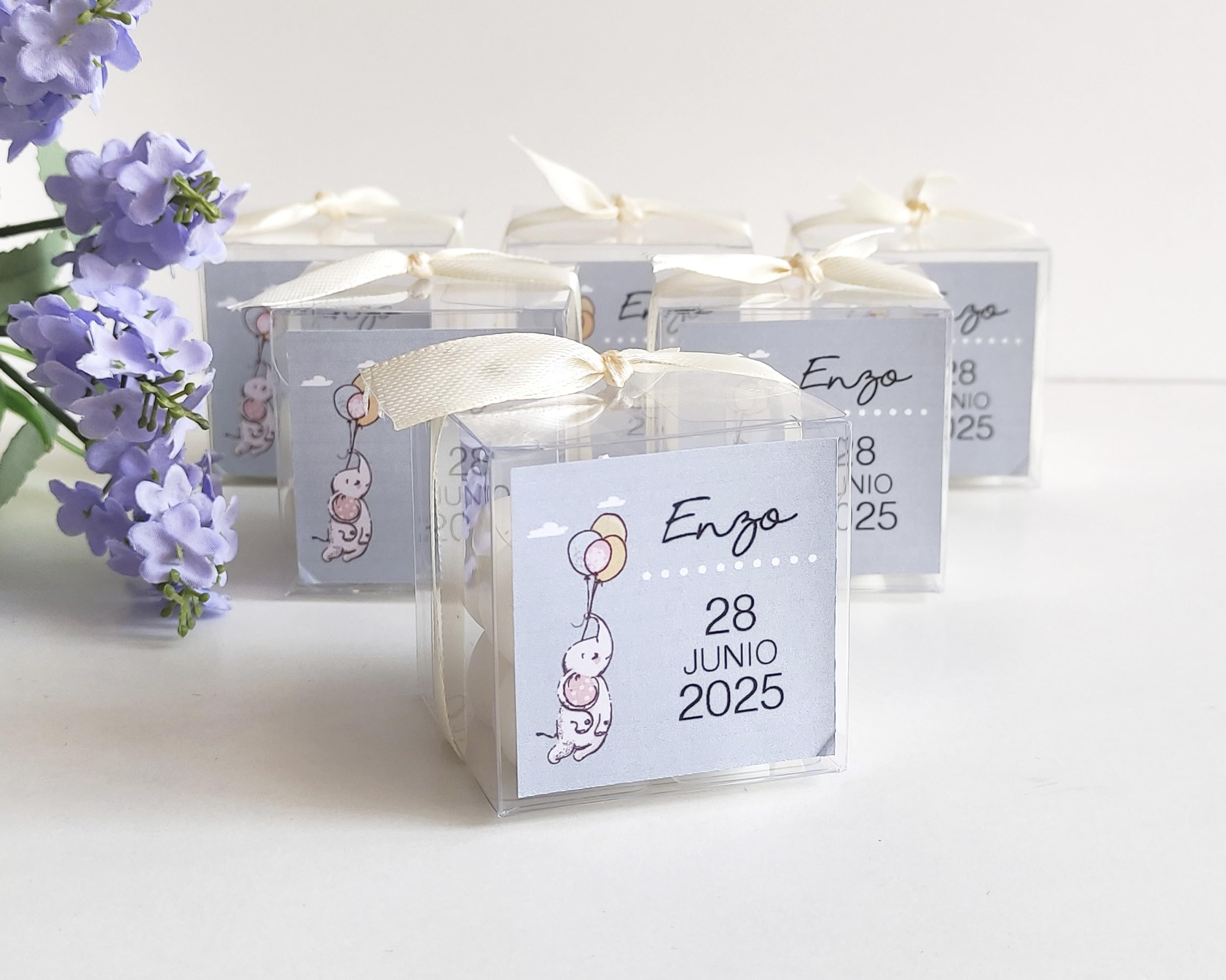 Set 12 Velas Aromáticas Bubble Personalizadas para el Bautizo, Aroma Chai, Regalo Ideal para los Invitados, Varios Diseños a Escoger
