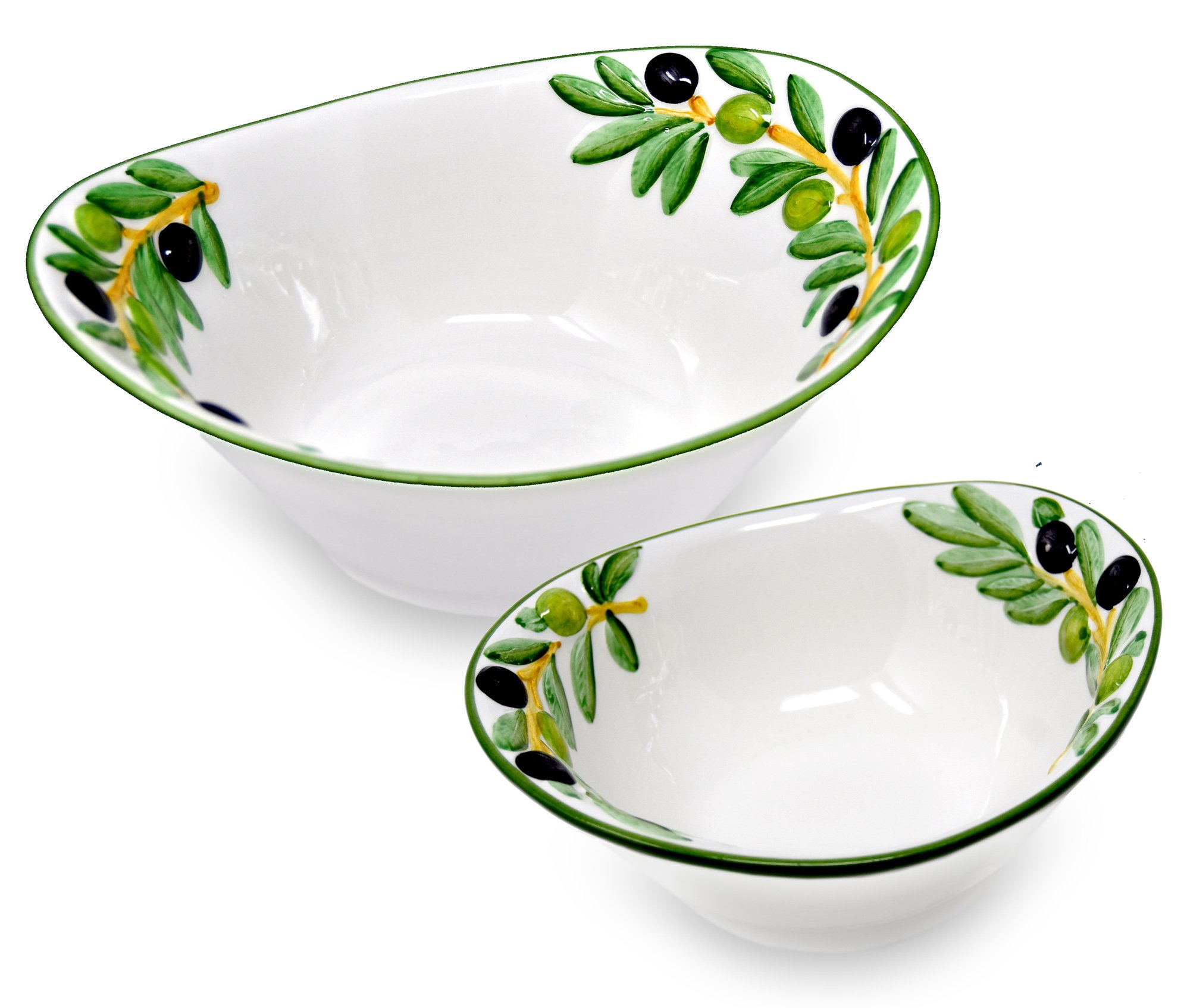 Lashuma 2er Set Handgearbeitete Ovale Keramikschale mit Olivenrelief 20 x 17 cm und Handbemalte Runde Salatschüssel 25 x 21 cm im Geschenkset
