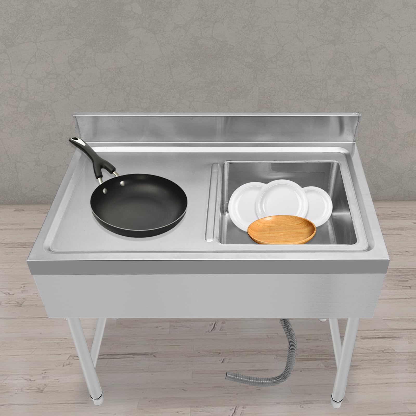 Lavabo da cucina indipendente, piano di lavoro in acciaio inox con 2 vasche senza rubinetto, scaffale a tre livelli, 100 x 50 x 80 cm