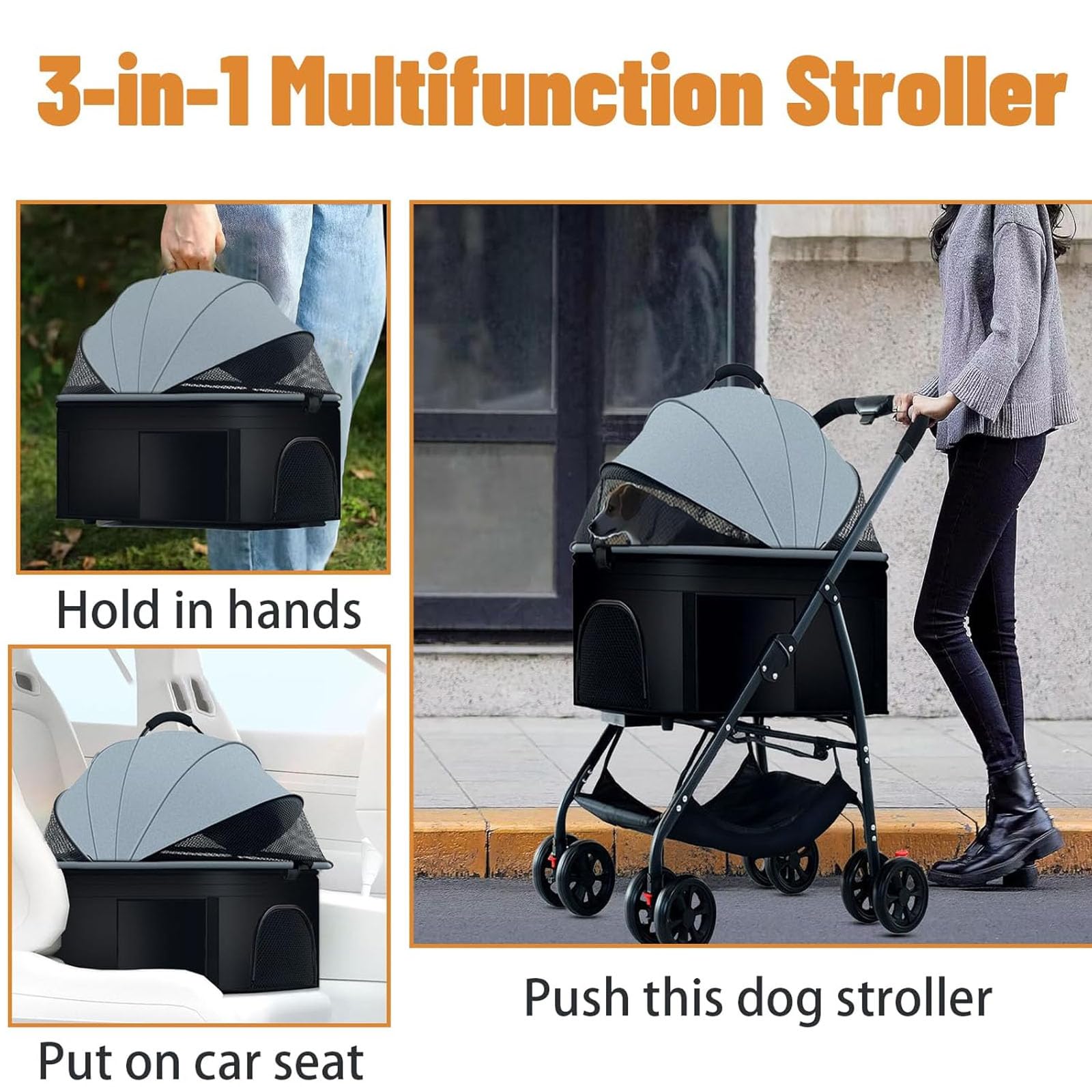 Passeggino per Cani E Gatti 3 in 1, Passeggino Pieghevole Leggero per Cani, Passeggino da Viaggio per Gatti, Trasportino da Viaggio per Cani, Passeggino da Jogging per Animali Domestici,A