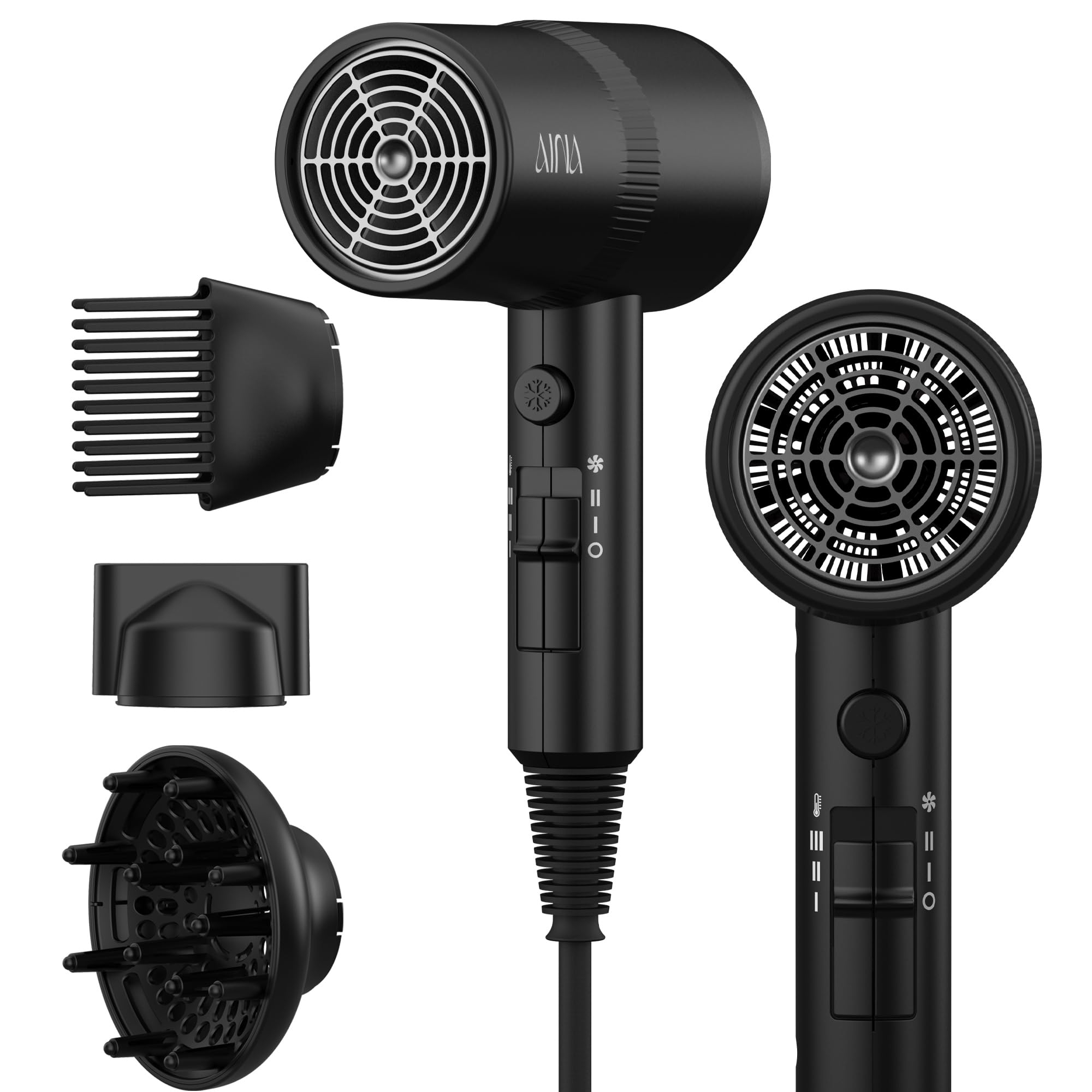 AINA Hair Dryer with Diffuser,Comb Full-Featured Blow Dryer 110V(Black)