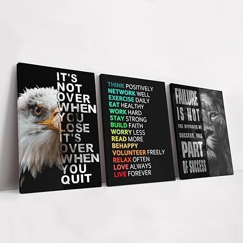 KAWAHONE Motivational Wall Art -Bald Eagle and Lion Inspirational Picture Animal Positive Quotes Wall Poster Framed Motivational Office Decor for Success Ready to Hang