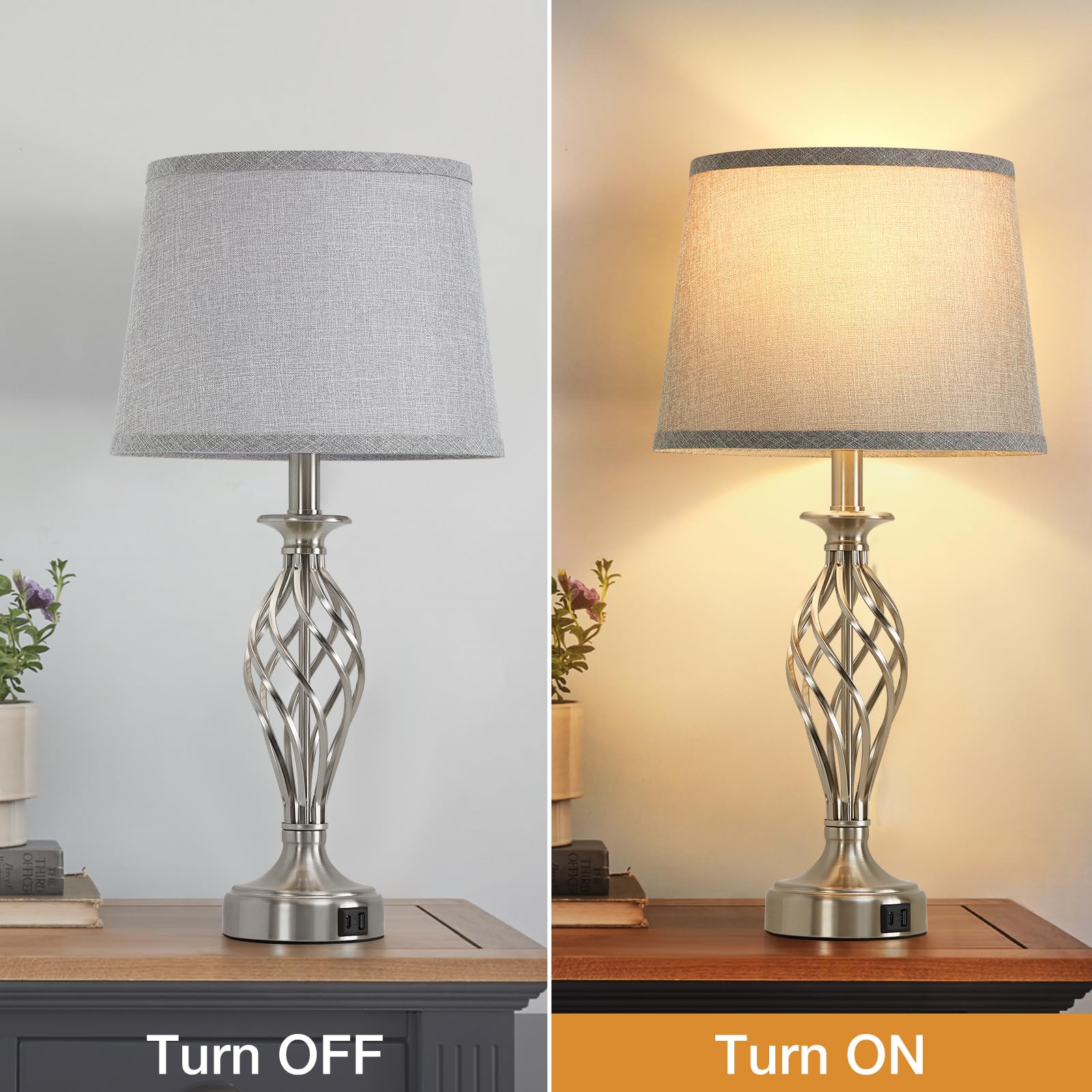 Nachttisch Tischlampen für Schlafzimmer 2er Set mit USB C+A, Nachttischlampen mit Spiralkäfigsockel, hohe Wohnzimmerlampen für Beistelltische, moderne Nachttischlampen für Bett Seite Gästezimmer