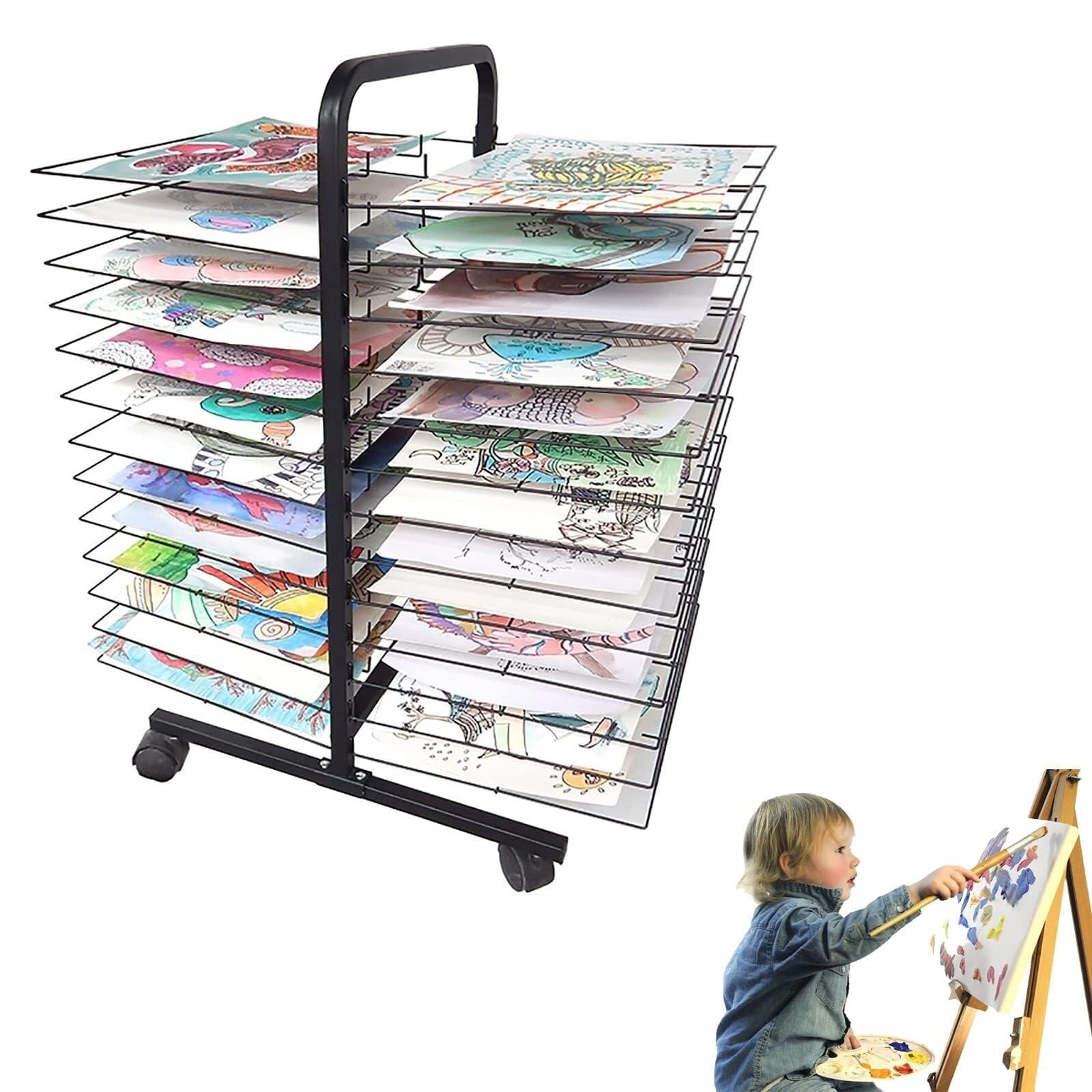 PPXCZZ Mobile Art Drying Rack with 26 Flexible Shelves, Powder-Coated Steel, Ideal for Classrooms and Studios, 17.7"x26"x32.3"