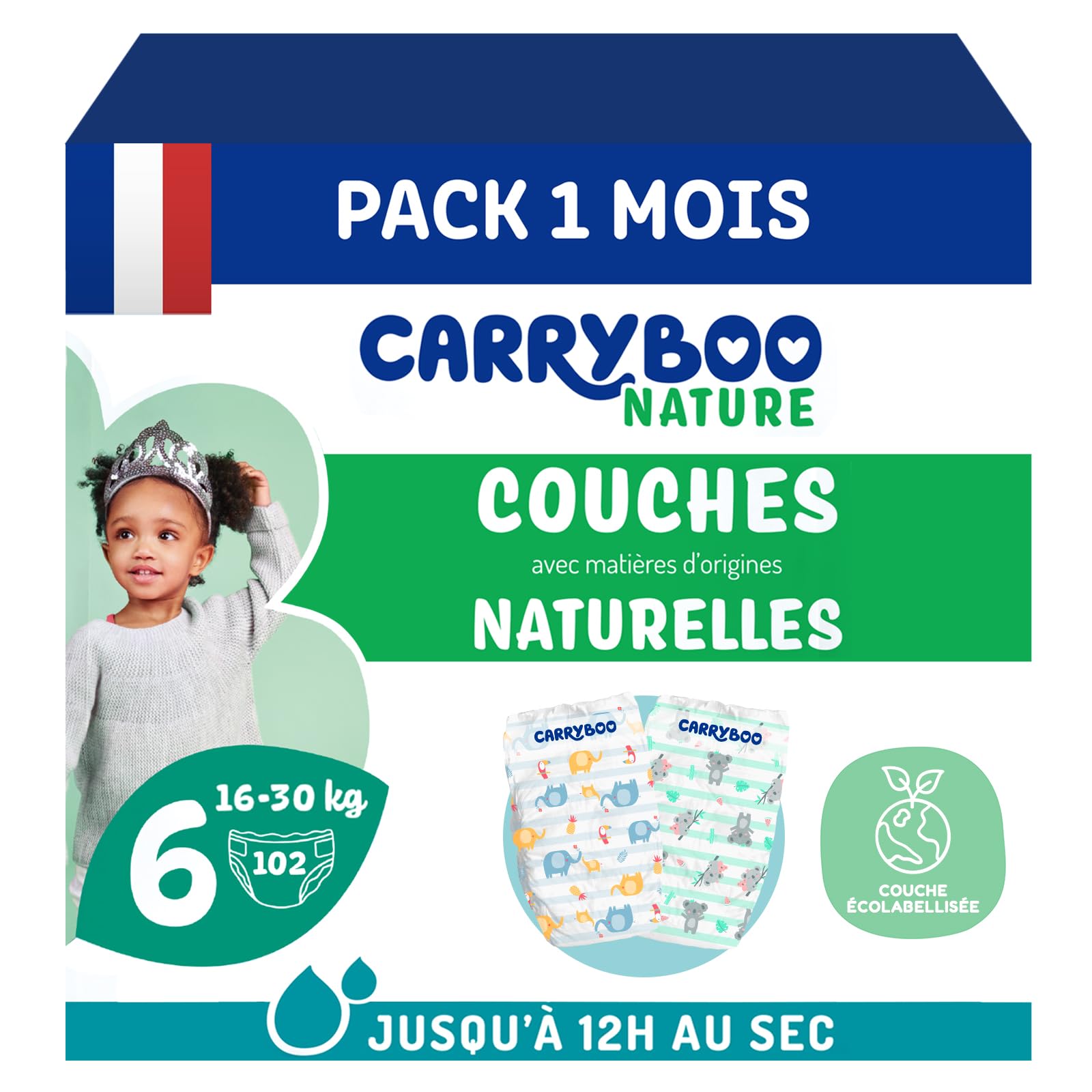 CARRYBOO Couches Taille 6 Peaux Sensibles Ultra Absorbantes 12h Anti-fuites Fabriquées en France 102 Couches Pack 1 Mois